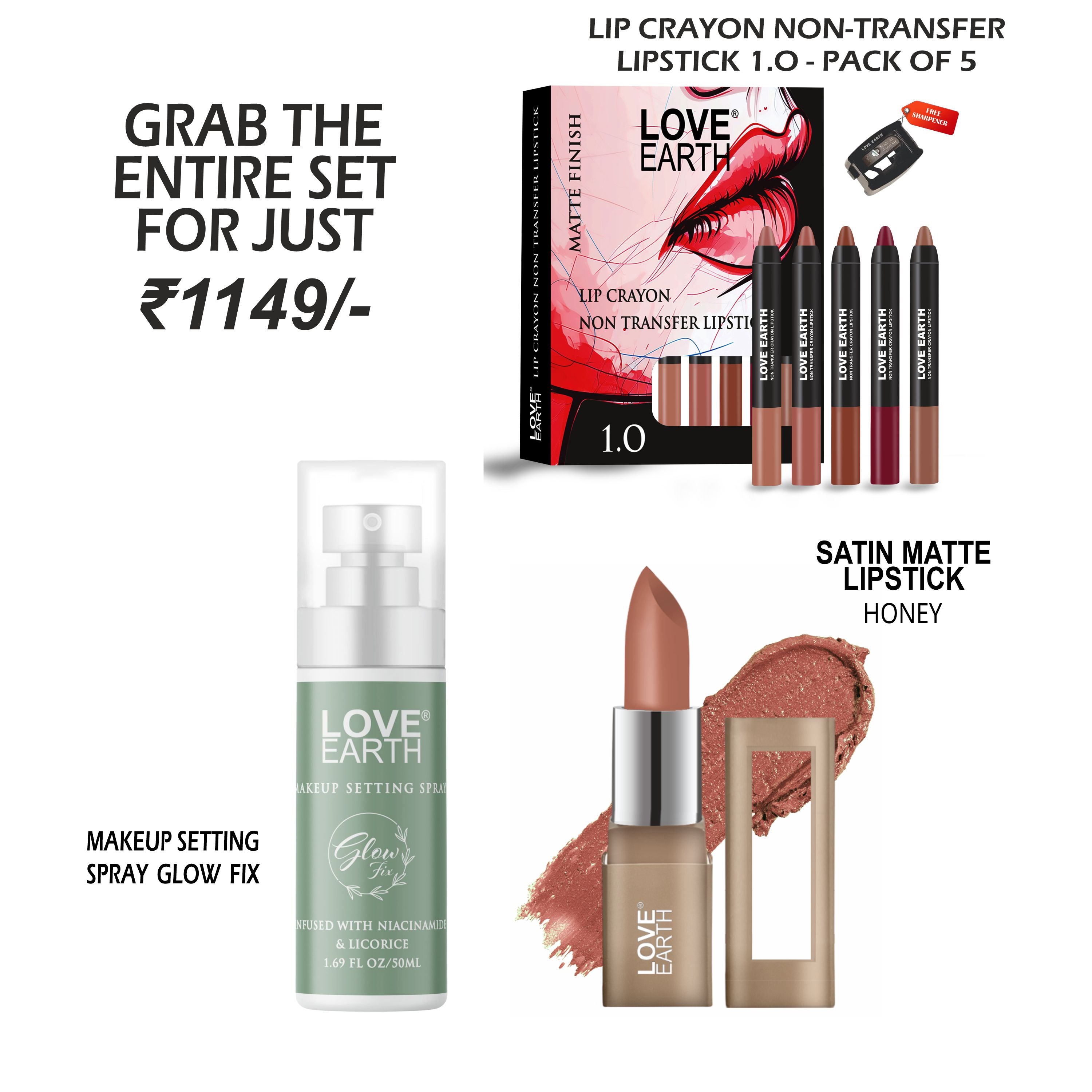 Makeup Setting Spray Glow Fix-50ML | Lip Crayon Non-Transfer Lipstick 1.O-Pack Of 5 | Satin Matte Lipstick-Honey