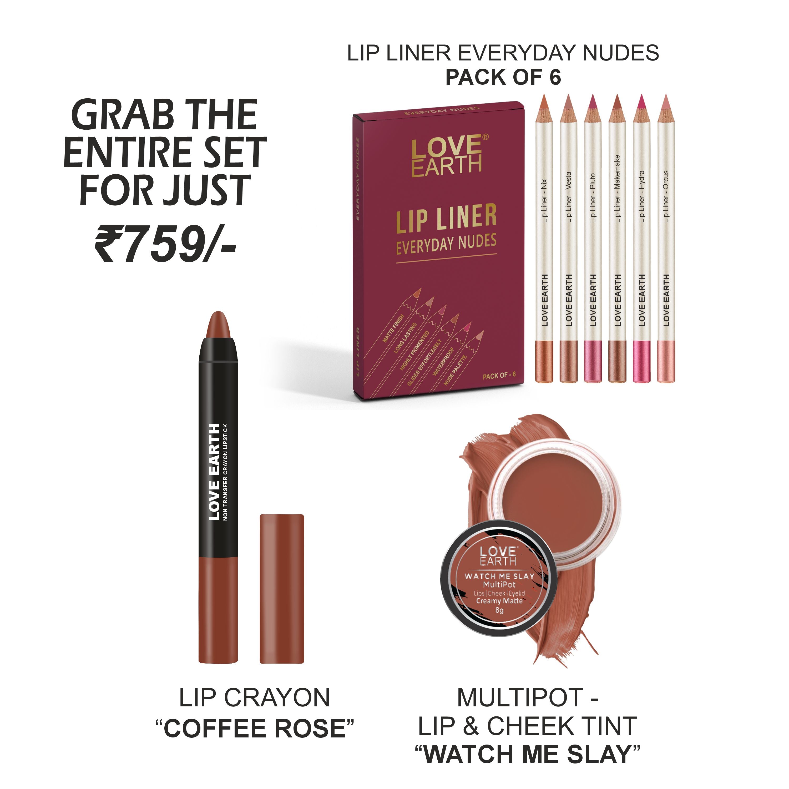 Lip Liner Everyday Nudes-Pack Of 6, Lipstick-Coffee Rose, Maltipot Watch Me Slay