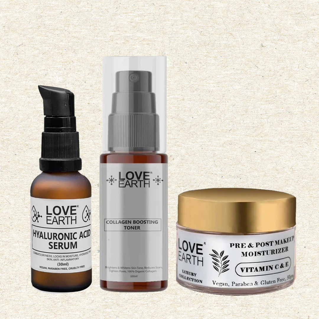 Love Earth Skin Moisturizer, Collagen Toner, Hyaluronic Serum - The Perfect Trio for Youthful, Hydrated, and Glowing Skin.