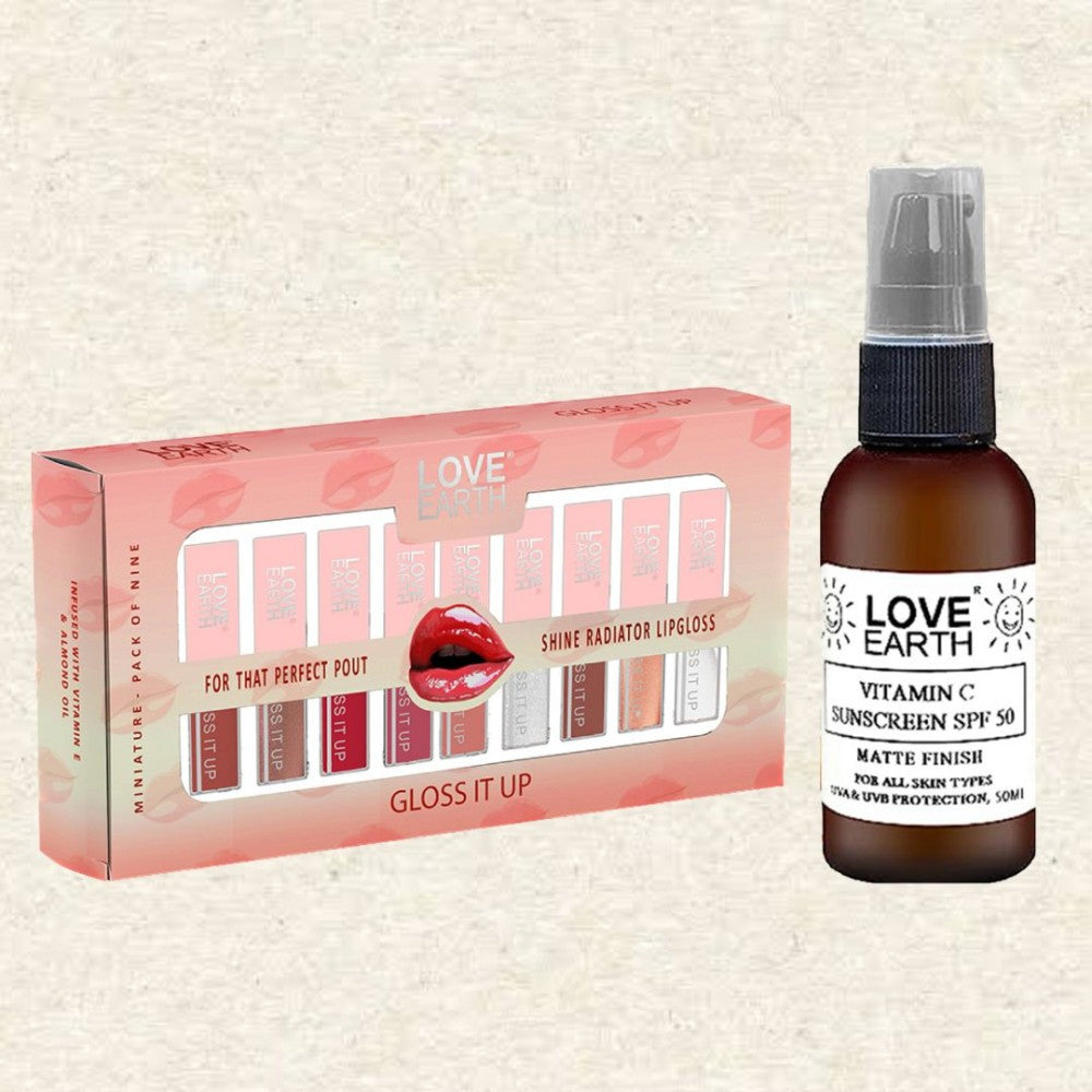 Lip Gloss Pack Of 9 & Vitamin C Sunscreen 50ml Kit