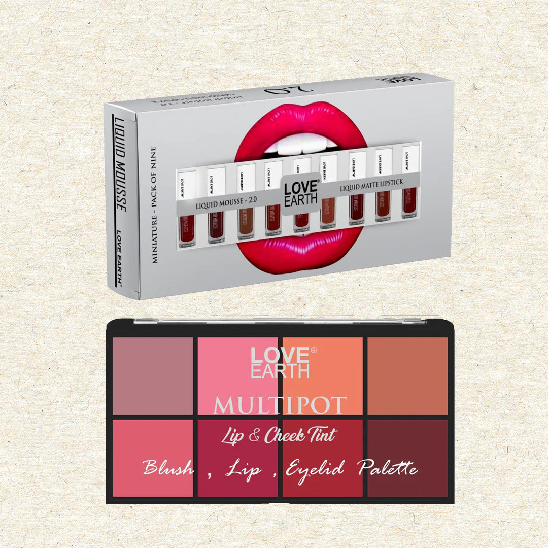 Love Earth Matte Lipstick & Palette Combo: Multicolor Mini Liquid Lipstick, Blush , Lips , Eyelid Palette