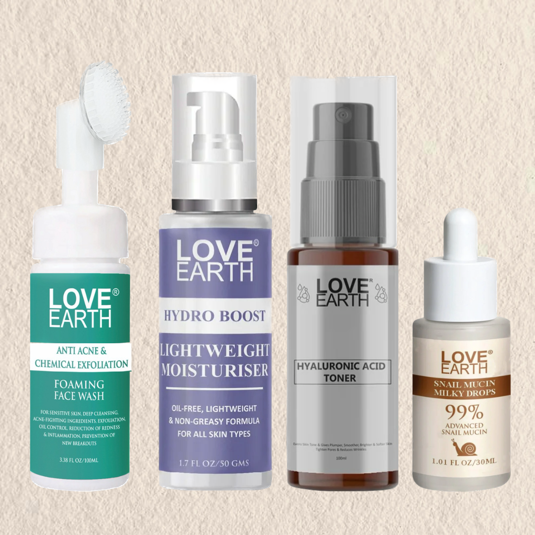 Anti-Acne Foaming Face Wash 100ml, Hydro Boost Lightweight Moisturizer 50grm, Hyaluronic Acid Toner 100ml, and Snail Mucin Milky Drops Serum,30ml