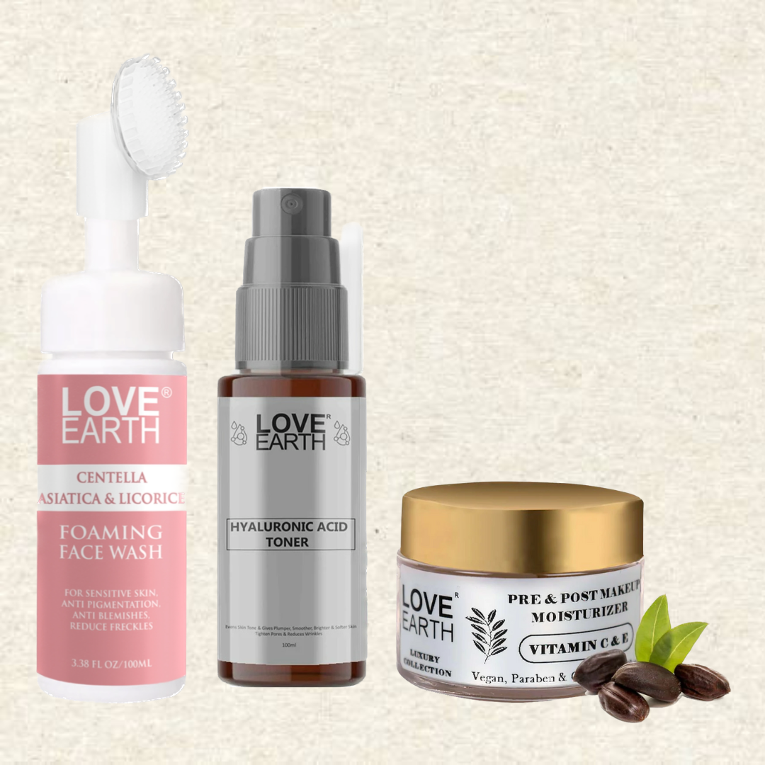 Centella Asiatica & Licorice Foaming Face Wash 100ml,Pre & Post Makeup Moisturizer 50g, Hyaluronic Acid Toner 100ml