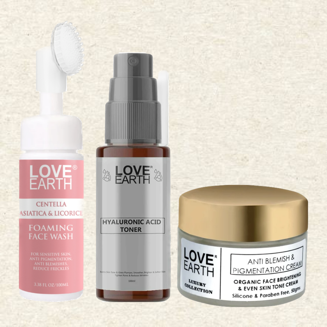 Centella Asiatica & Licorice Foaming Face Wash 100ml,Hyaluronic Acid Toner 100ml,Anti-Blemish & Anti-Pigmentation Cream 50g