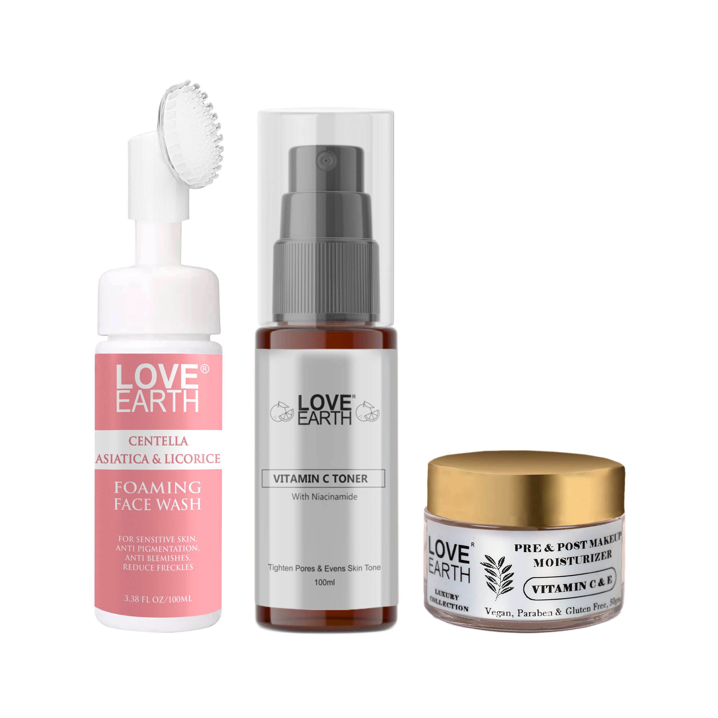 Centella Asiatica & Licorice Foaming Face Wash 100ml,Pre & Post Makeup Moisturizer 50g, Hyaluronic Acid Toner 100ml