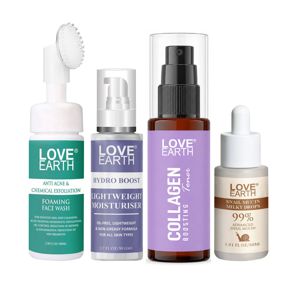 Anti-Acne Foaming Face Wash 100ml, Hydro Boost Lightweight Moisturizer 50grm, Hyaluronic Acid Toner 100ml, and Snail Mucin Milky Drops Serum,30ml