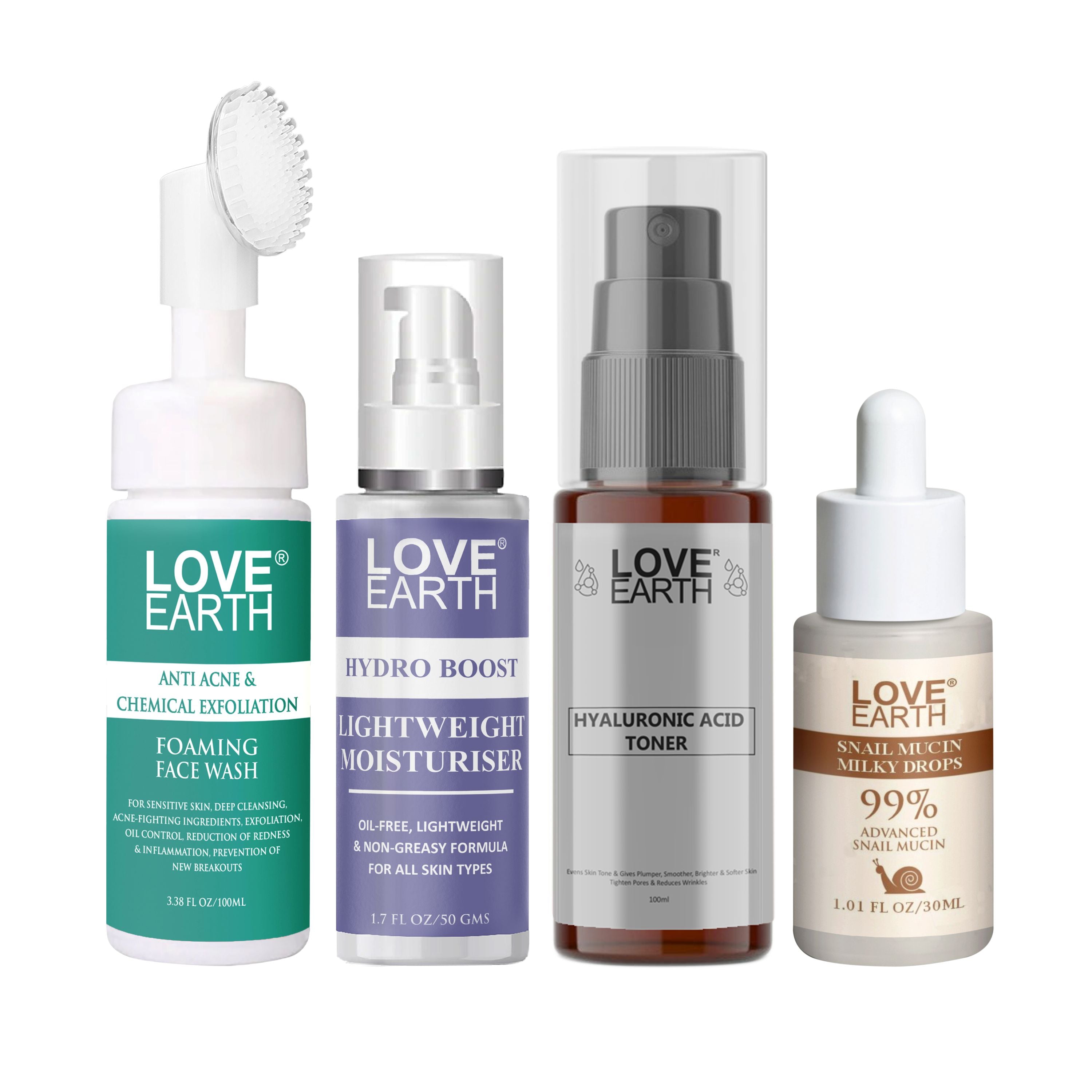 Anti-Acne Foaming Face Wash 100ml, Hydro Boost Lightweight Moisturizer 50grm, Hyaluronic Acid Toner 100ml, and Snail Mucin Milky Drops Serum,30ml