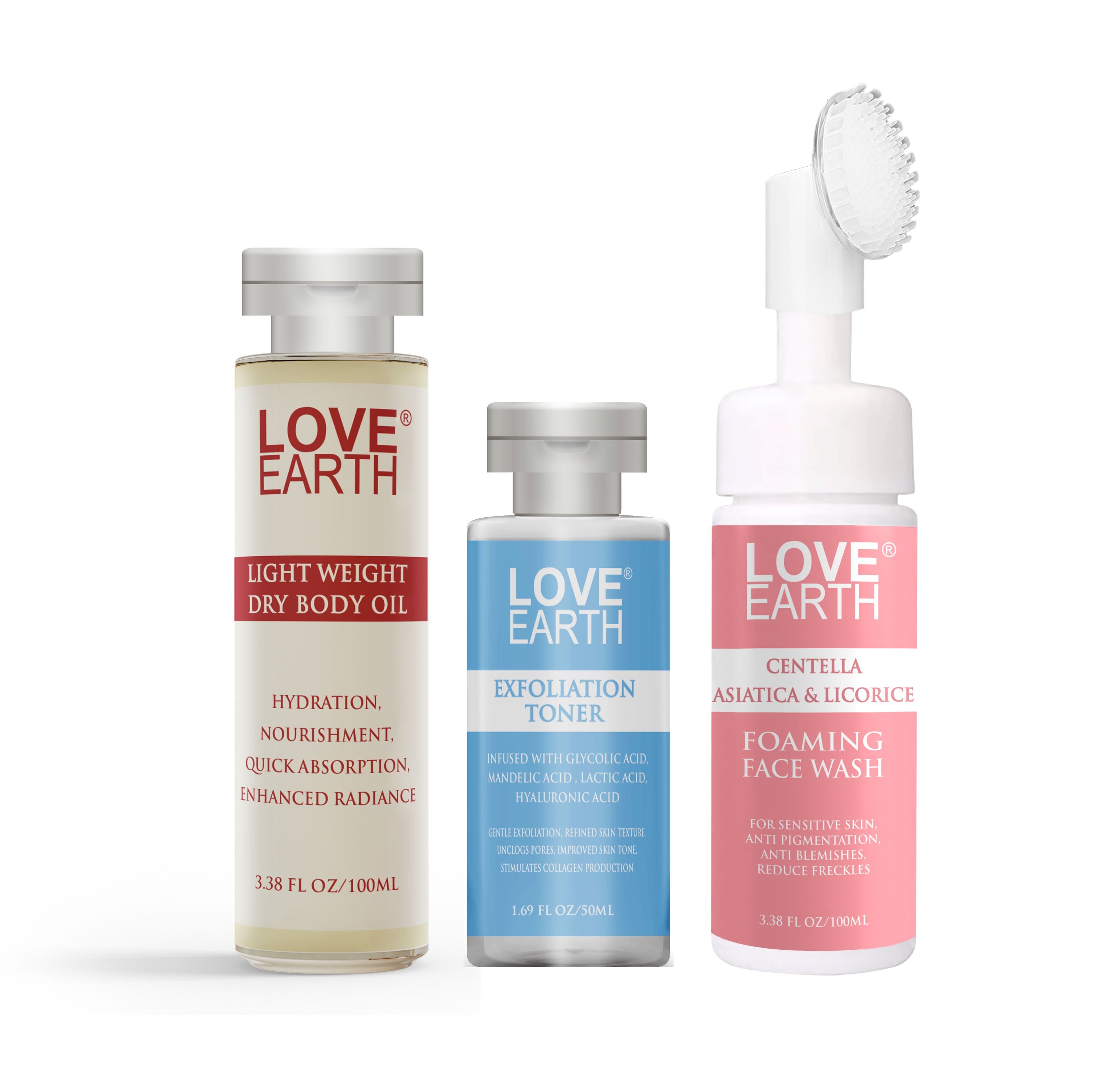 Lightweight Dry Body Oil 100ml, Exfoliation Toner 50ml& Centella & Licorice Foaming Face Wash 100ml