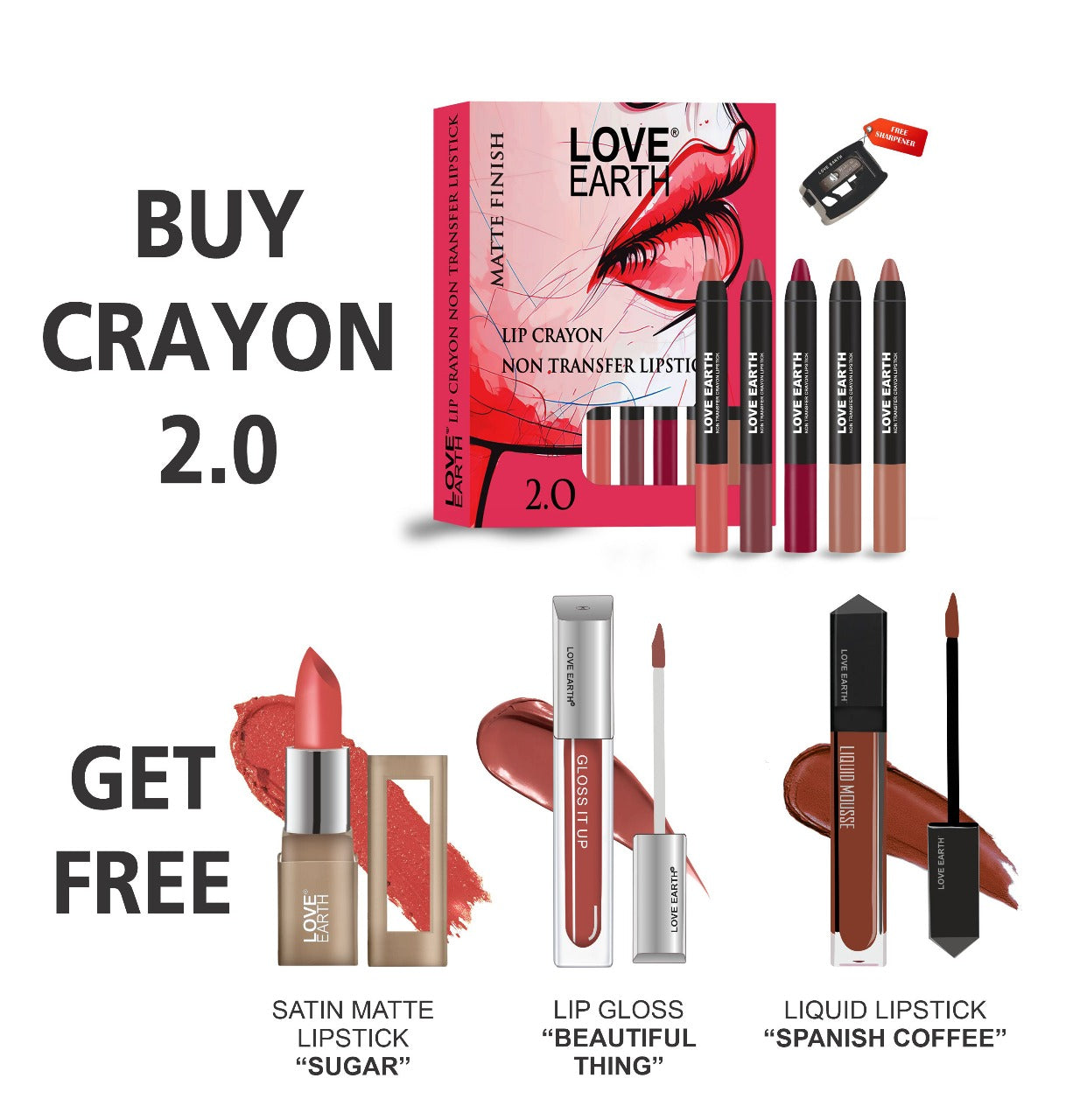 Lip Crayon 2.0 Pack of 5, Spanish Coffee, Satin Matte Sugar, BEAUTIFUL THING