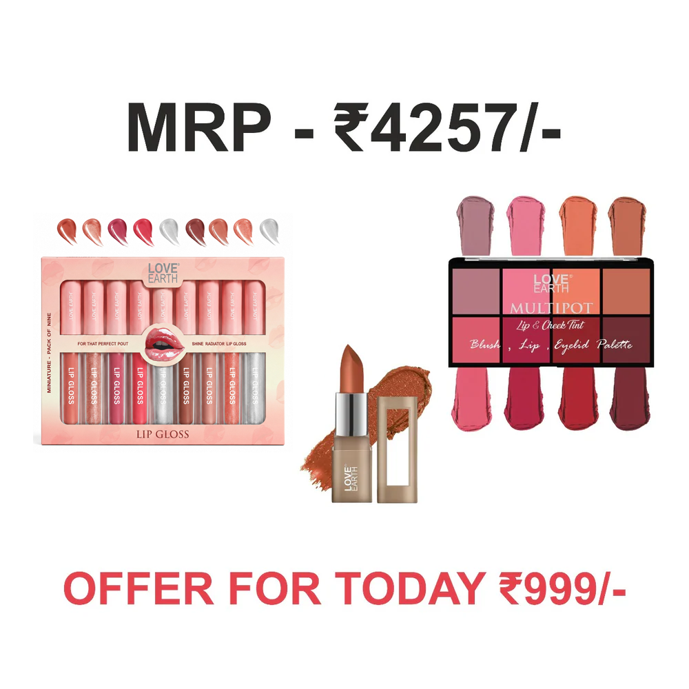 LIP GLOSS - PACK OF 9 (MULTICOLOR), Satin Matte Lipstick - Caramel & BLUSH , LIPS , EYELID PALETTE