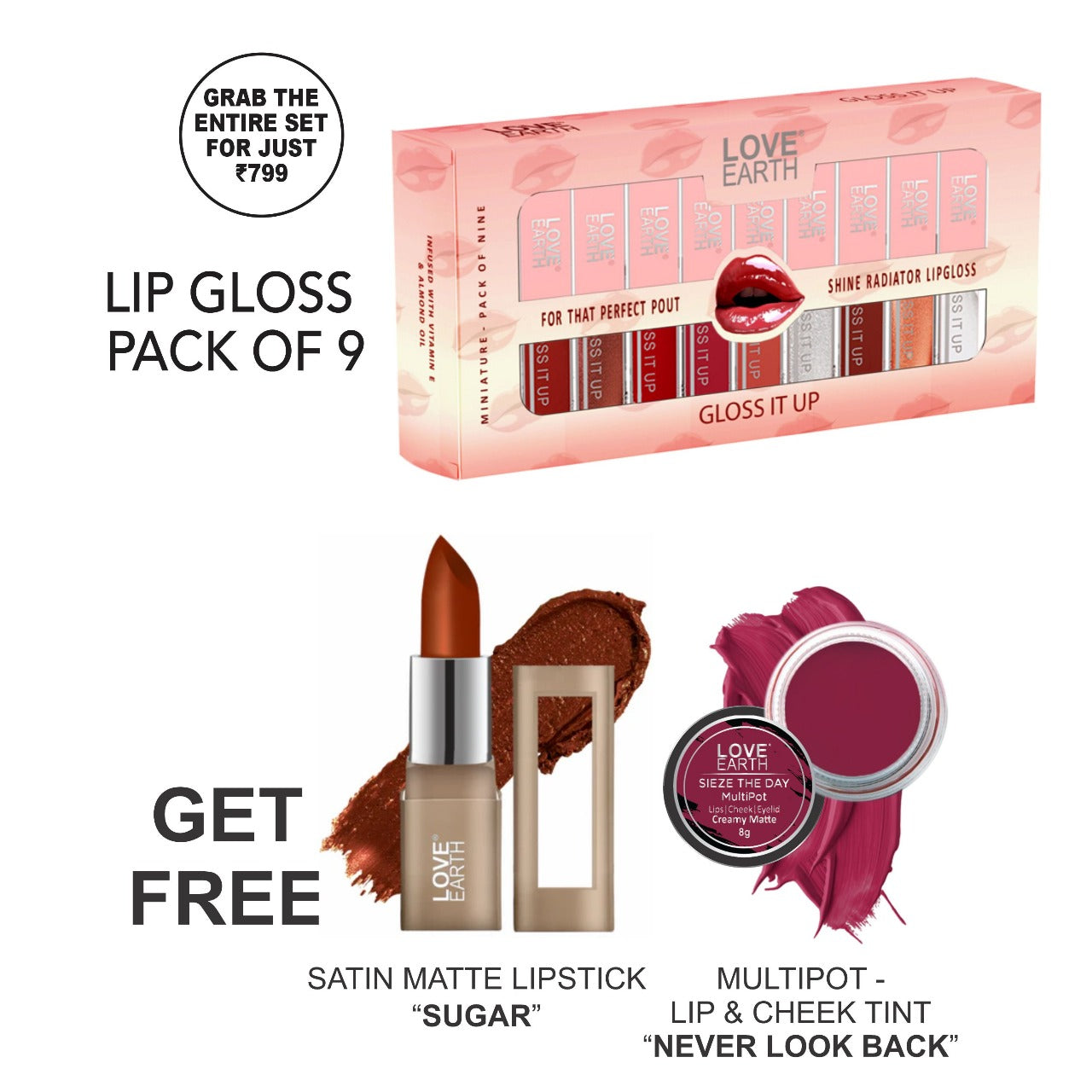 Lip Gloss - Pack of 9, Satin Matte Lipstick - Sugar, Never Look Back Multipot