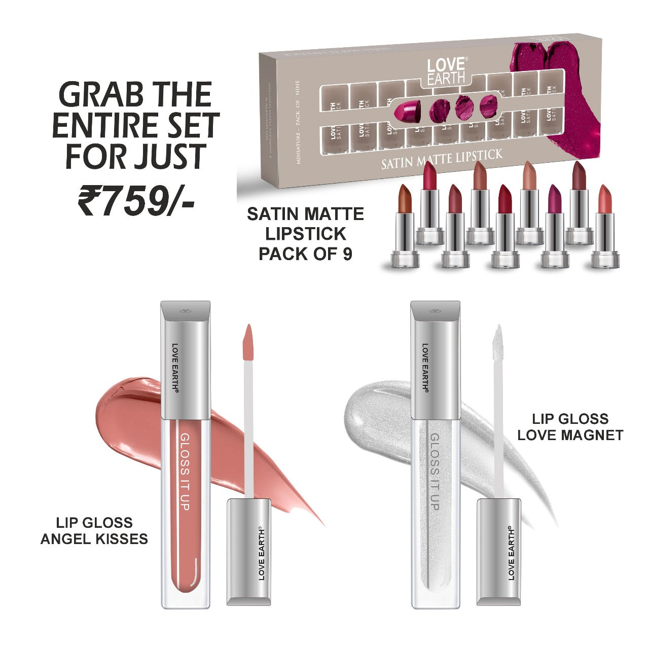 Satin Matte Lipstick-Pack of 9, Lip Gloss-Angel Kisses, Lip Gloss-Love Magnet