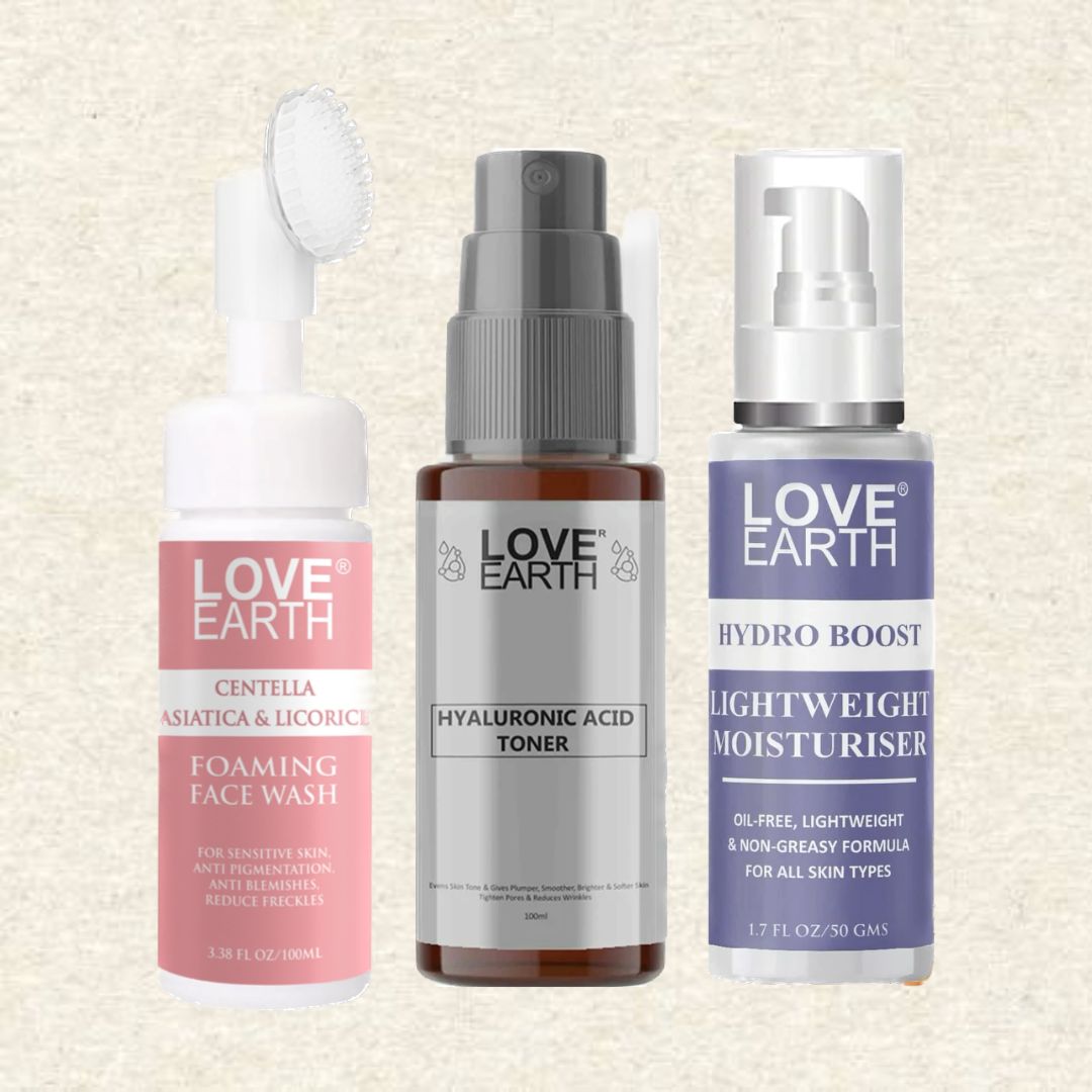 Centella Asiatica & Licorice Foaming Face Wash 100ml, Hydro Boost Light Weight Moisturizer 50g, Hyaluronic Acid Toner 100ml
