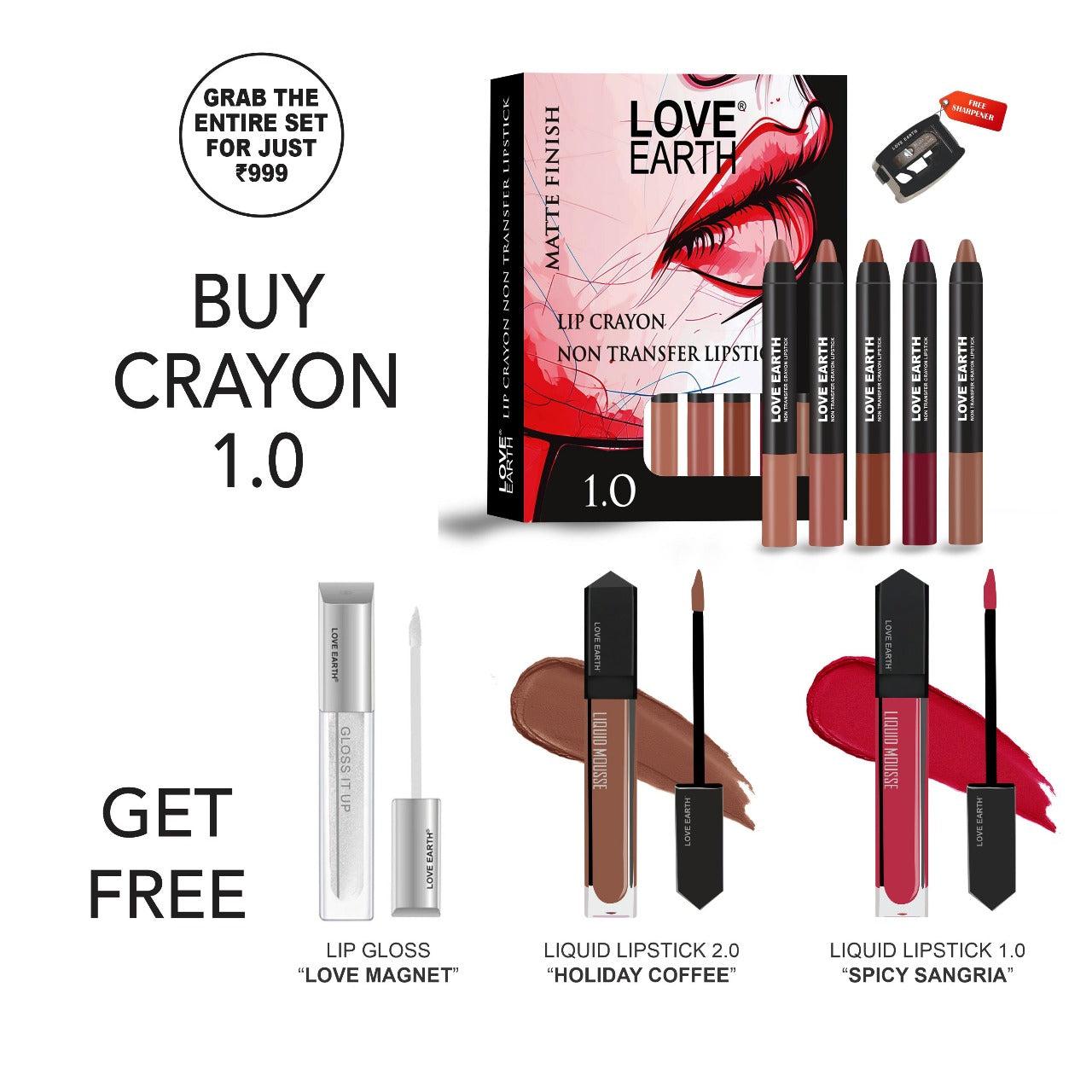 Lip Crayon Non-Transfer Lipstick 1.0 - Pack of 5, Lip Gloss - Love Magnet, Lipstick - Holiday Coffee, Lipstick - Spicy Sangria