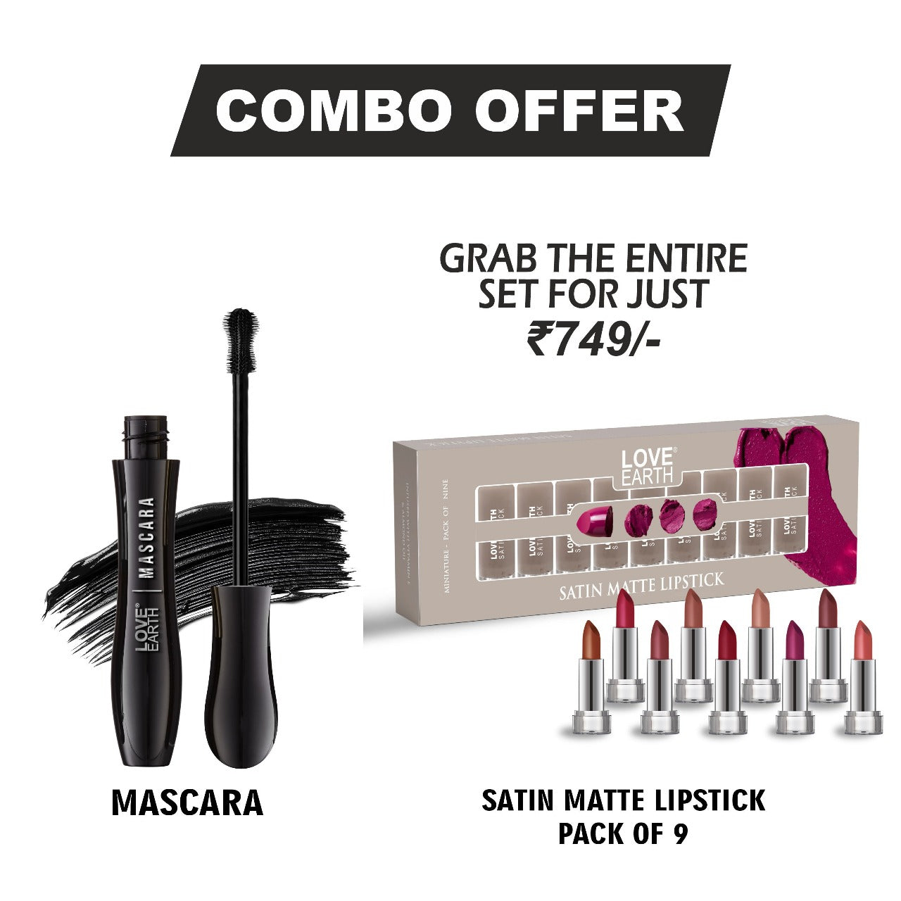 Love Earth Mascara, Satin Matte Lipstick - Pack Of -9