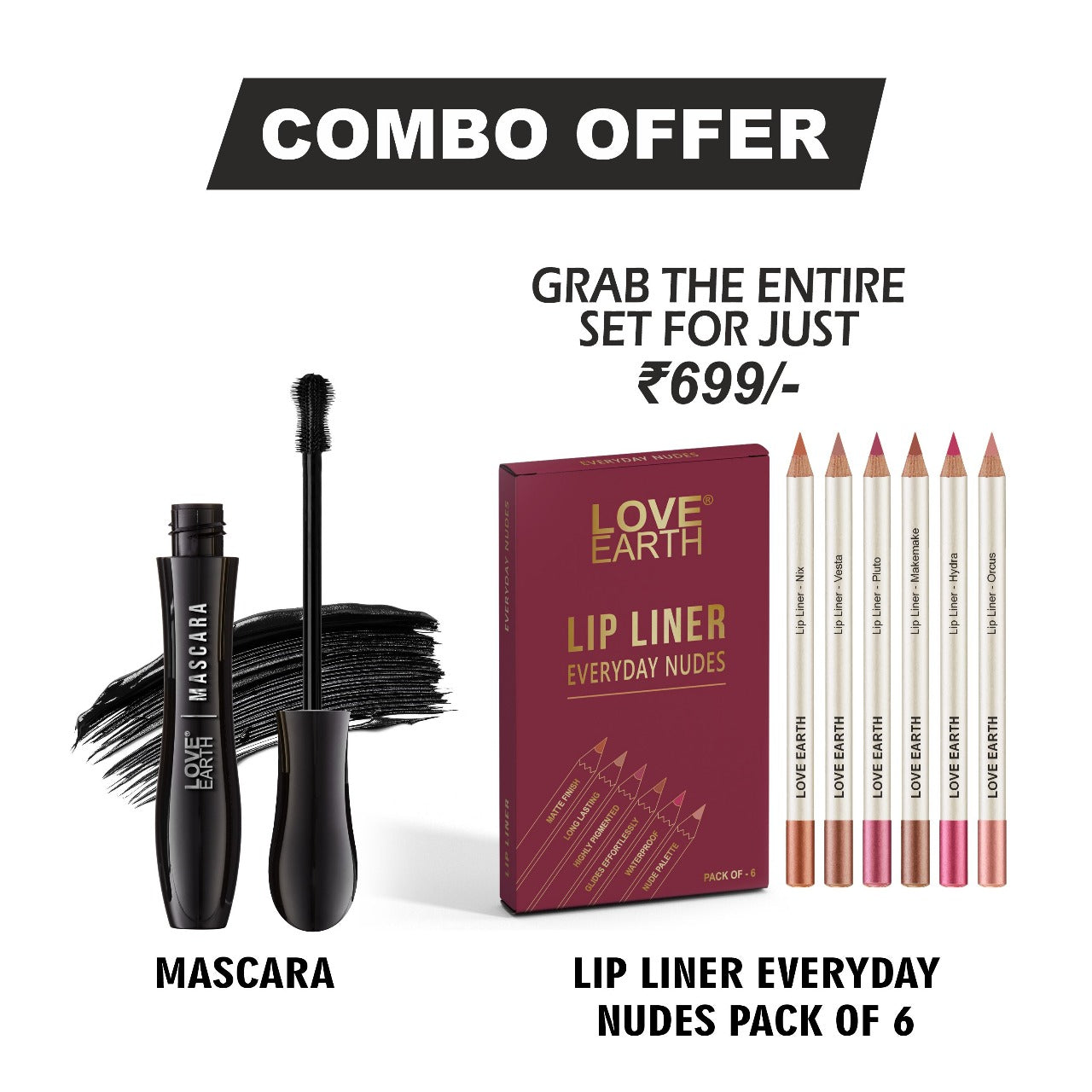 Love Earth Mascara, Lip Liner Everyday Nudes -Pack Of 6