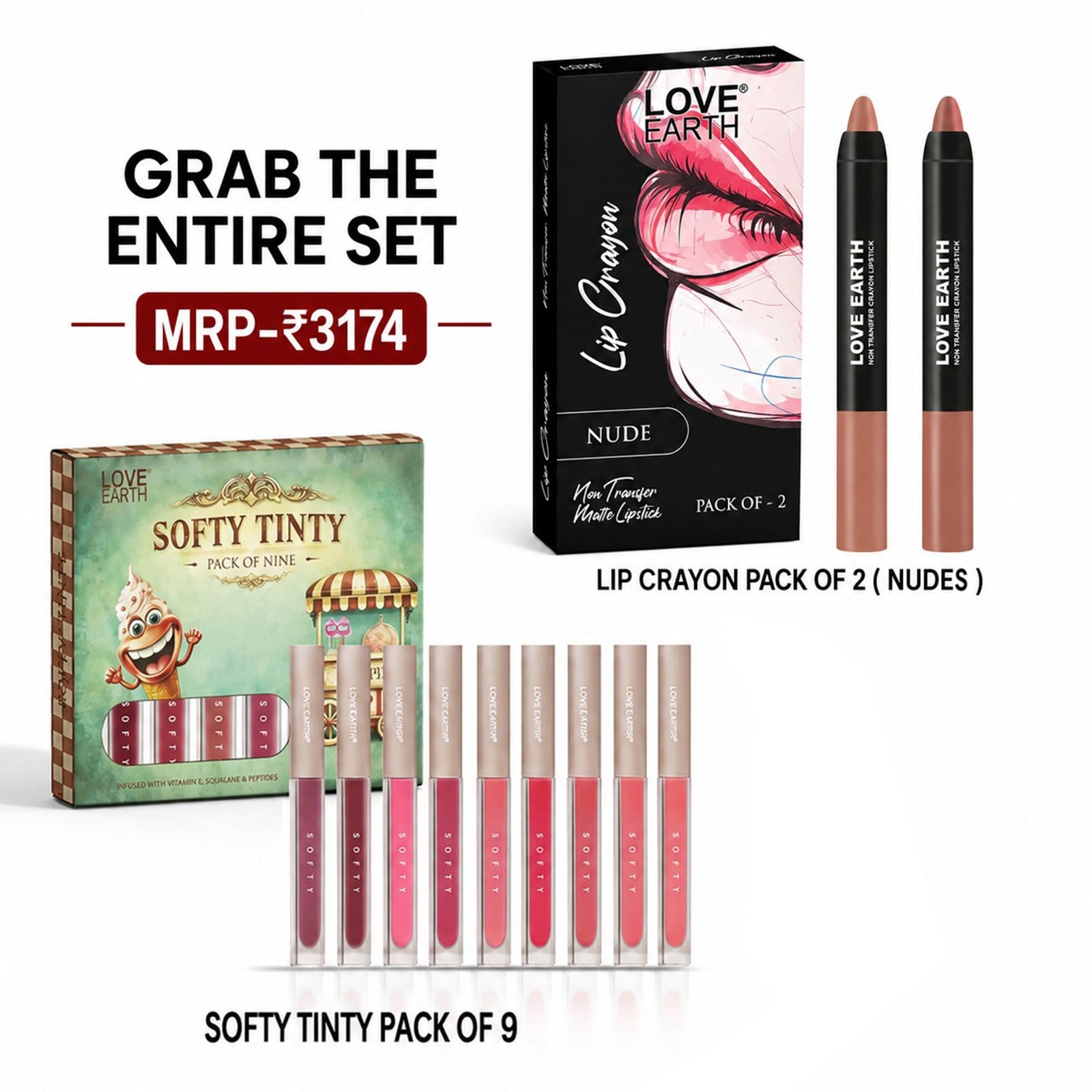 Softy Tinty Lipstick-Pack Of 9 & Lip Crayon Non-Transfer Lipstick Nudes-Pack Of 2