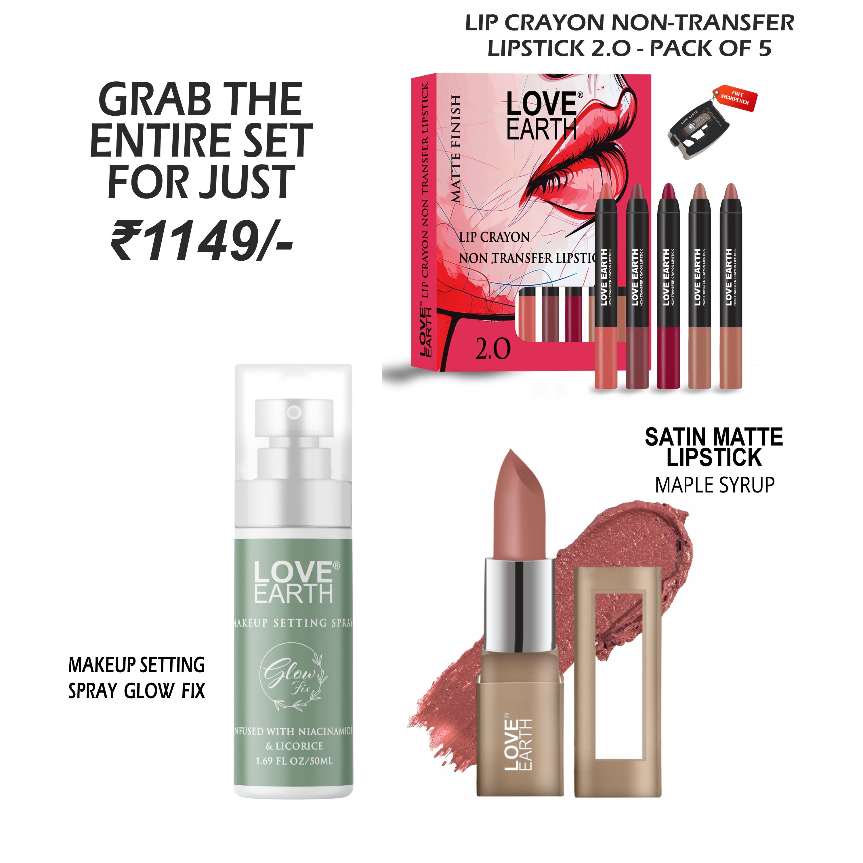 Makeup Setting Spray Glow Fix-50ML | Lip Crayon Non-Transfer Lipstick 2.O-Pack Of 5 | Satin Matte Lipstick-Maple Syrup
