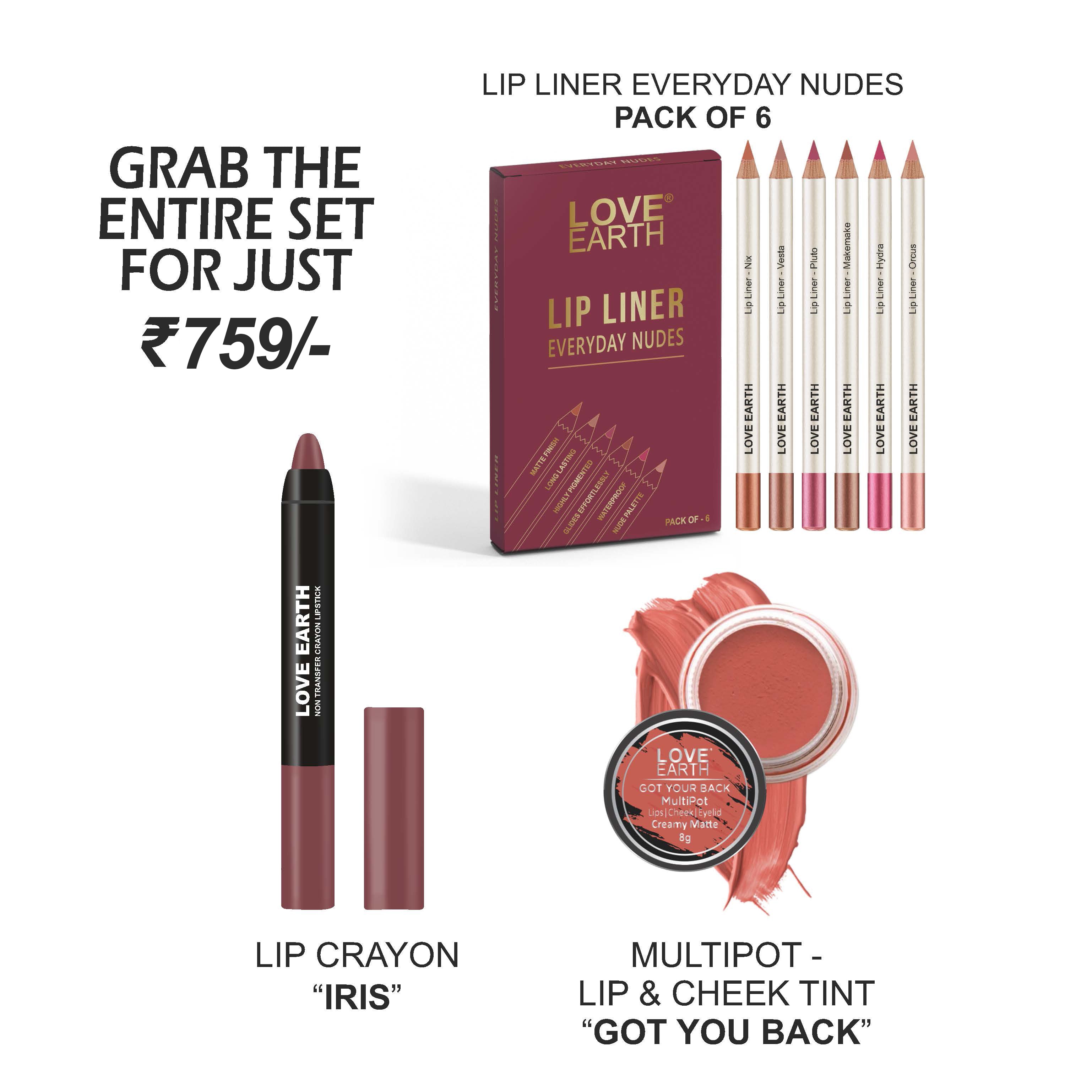 Lip Liner Everyday Nudes (Pack of 6), Lip Crayon Non-Transfer Lipstick - Iris, and Got Your Back Multipot