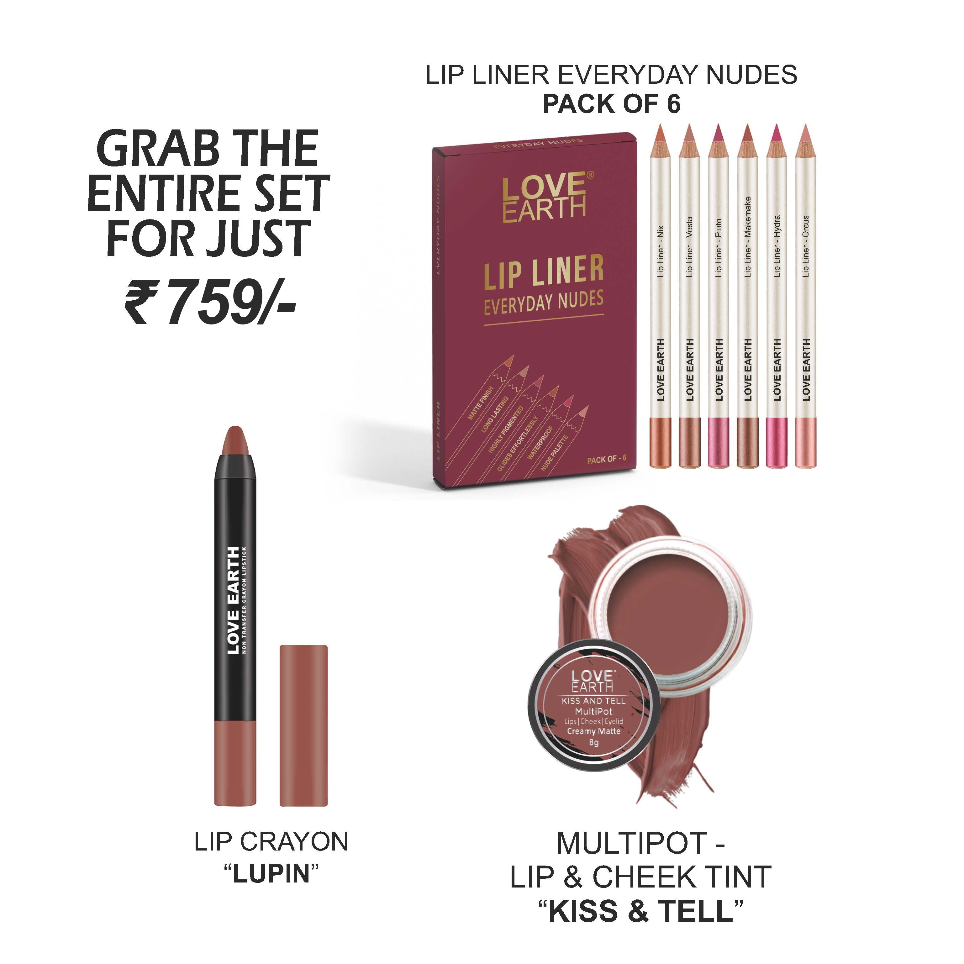 Lip Liner Everyday Nudes-Pack Of 6,Lipstick-Lupin|Multipot-Kiss And Tell