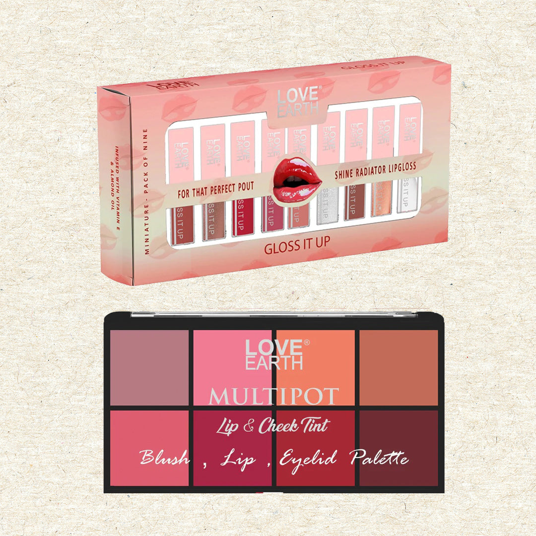 Love Earth Liquid Lip Gloss & Palette Combo: Glossy Lips and Blush , Lips, Eyelid Palette(Multicolor)