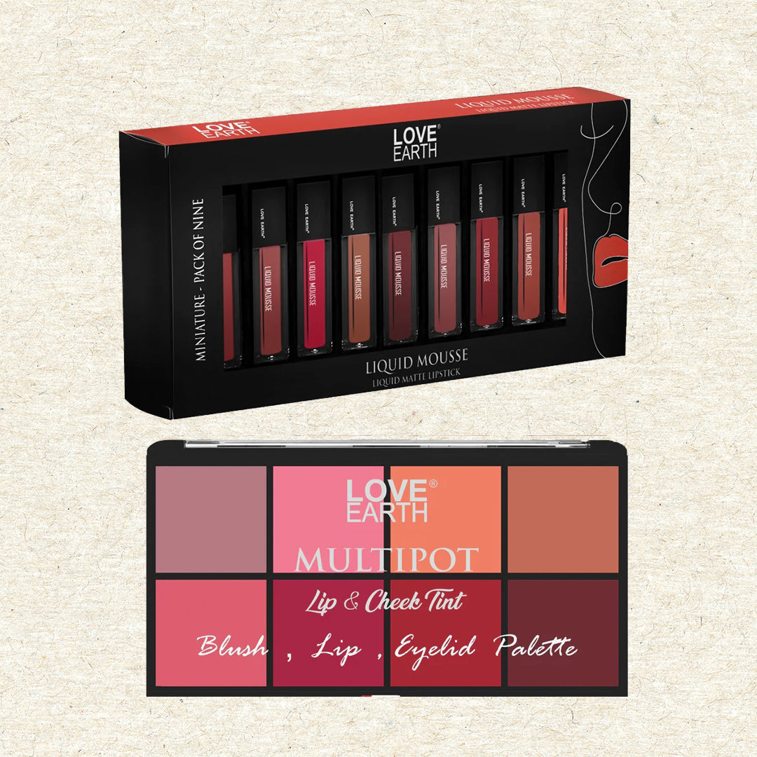 Love Earth Matte Lipstick & Palette Combo: Multicolor Mini Liquid Lipstick, Blush , Lips , Eyelid Palette