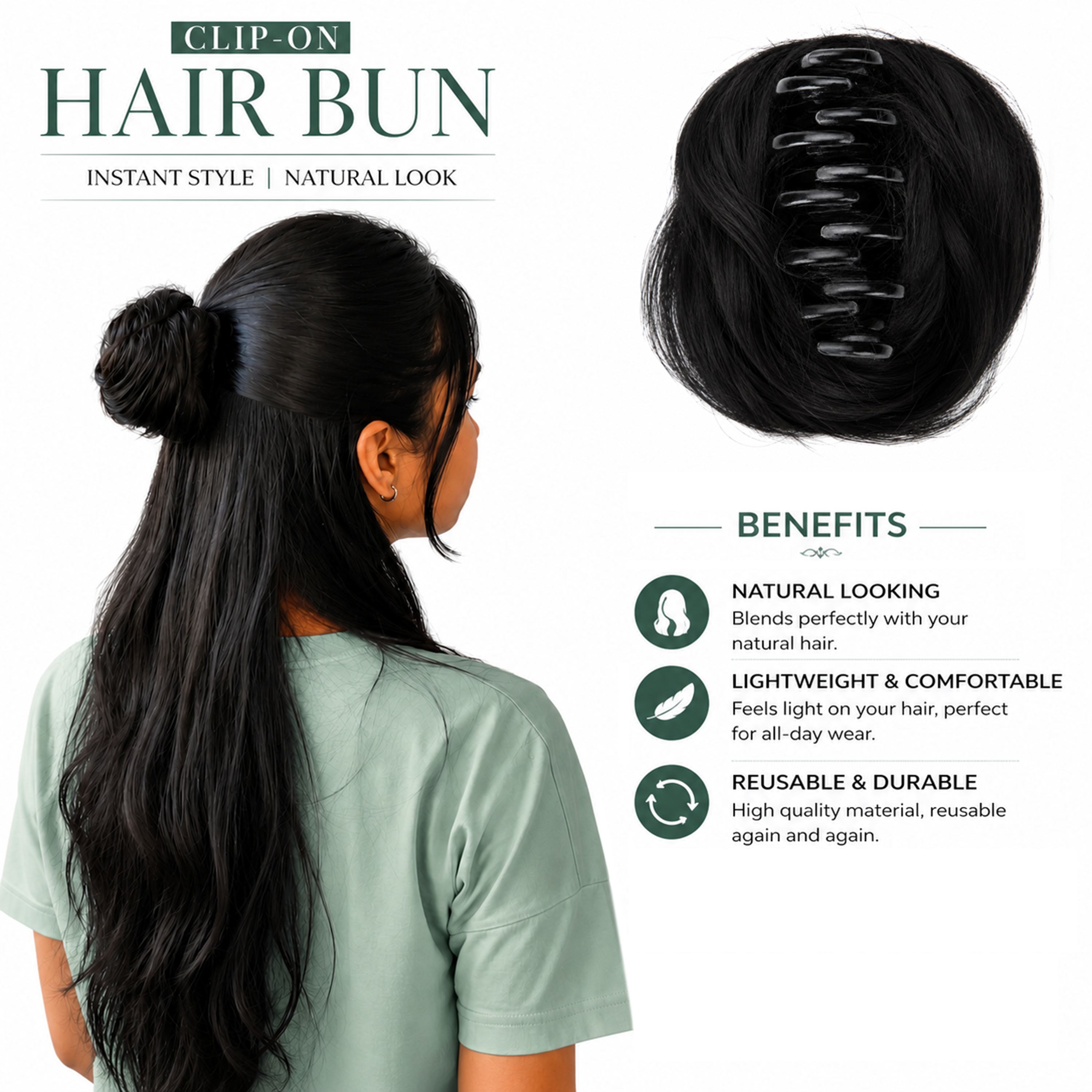 Clip-on Hair Bun Natural Black