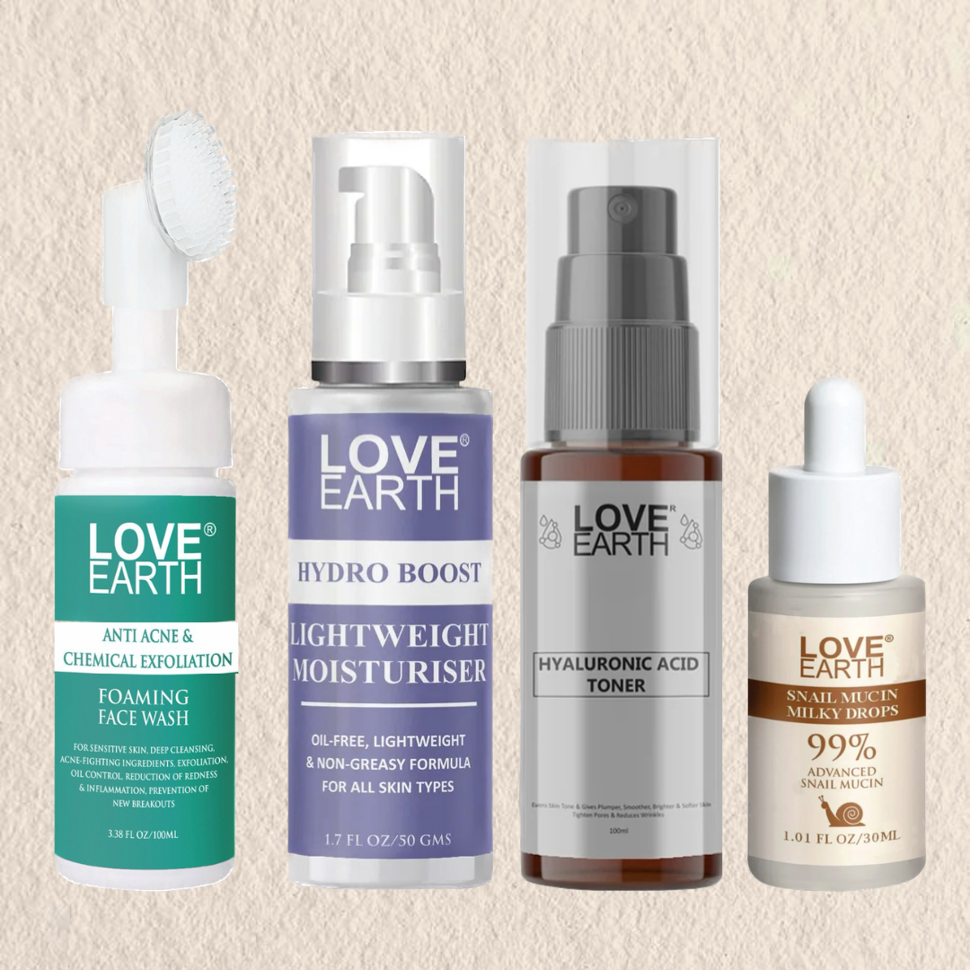 Love Earth Anti-Acne Foaming Face Wash 100ml, Hydro Boost Lightweight Moisturizer 50grm, Hyaluronic Acid Toner 100ml, and Snail Mucin Milky Drops Serum,30ml