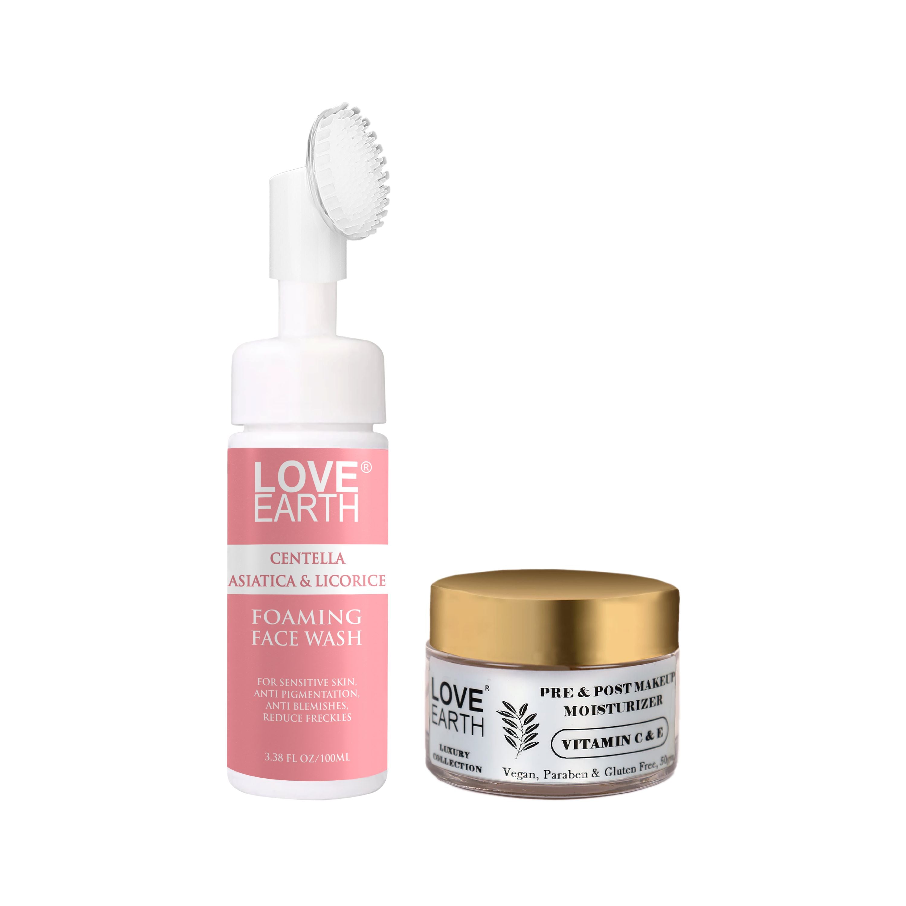 Centella Asiatica & Licorice Foaming Face Wash 100ml,Pre & Post Makeup Moisturizer 50g