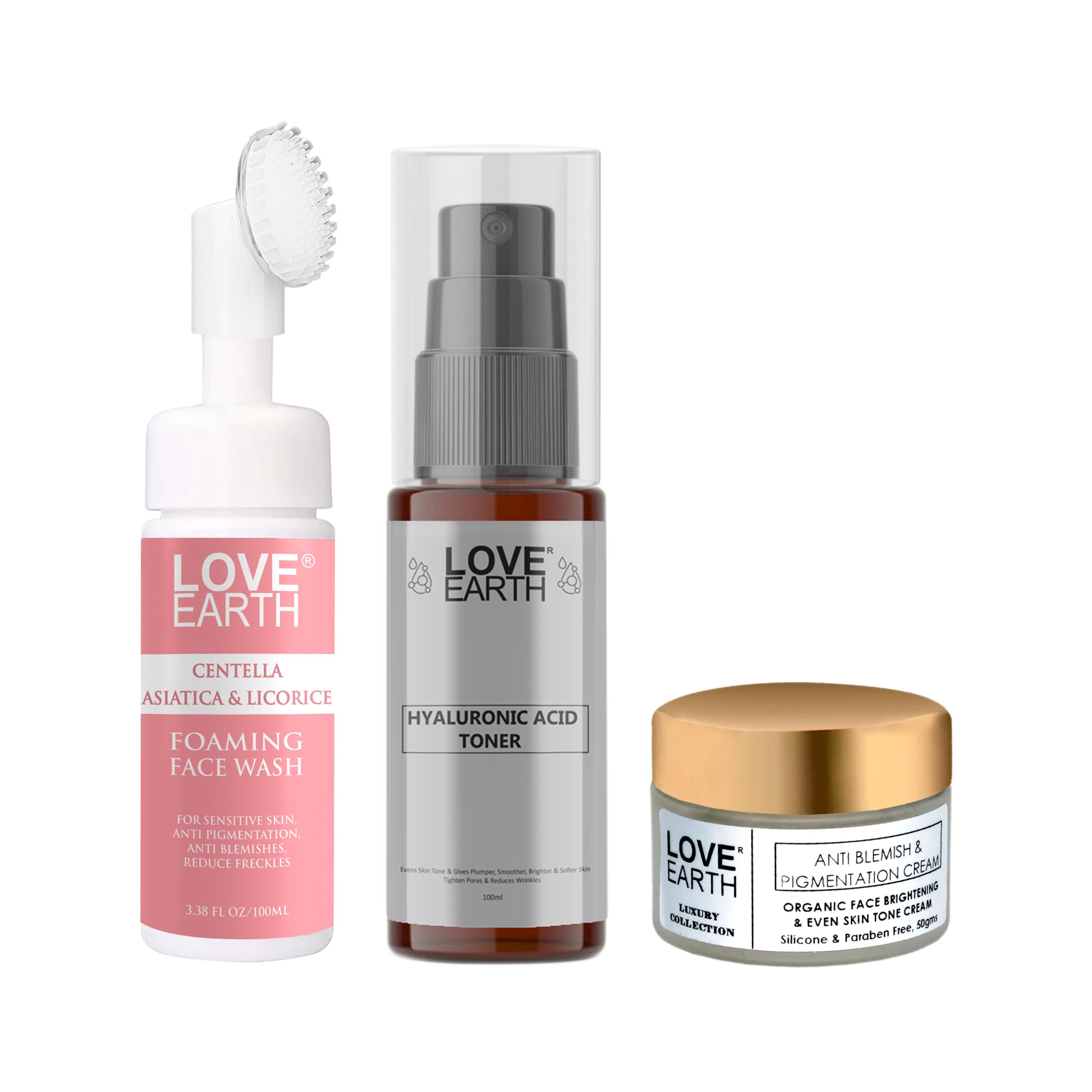 Centella Asiatica & Licorice Foaming Face Wash 100ml,Hyaluronic Acid Toner 100ml,Anti-Blemish & Anti-Pigmentation Cream 50g