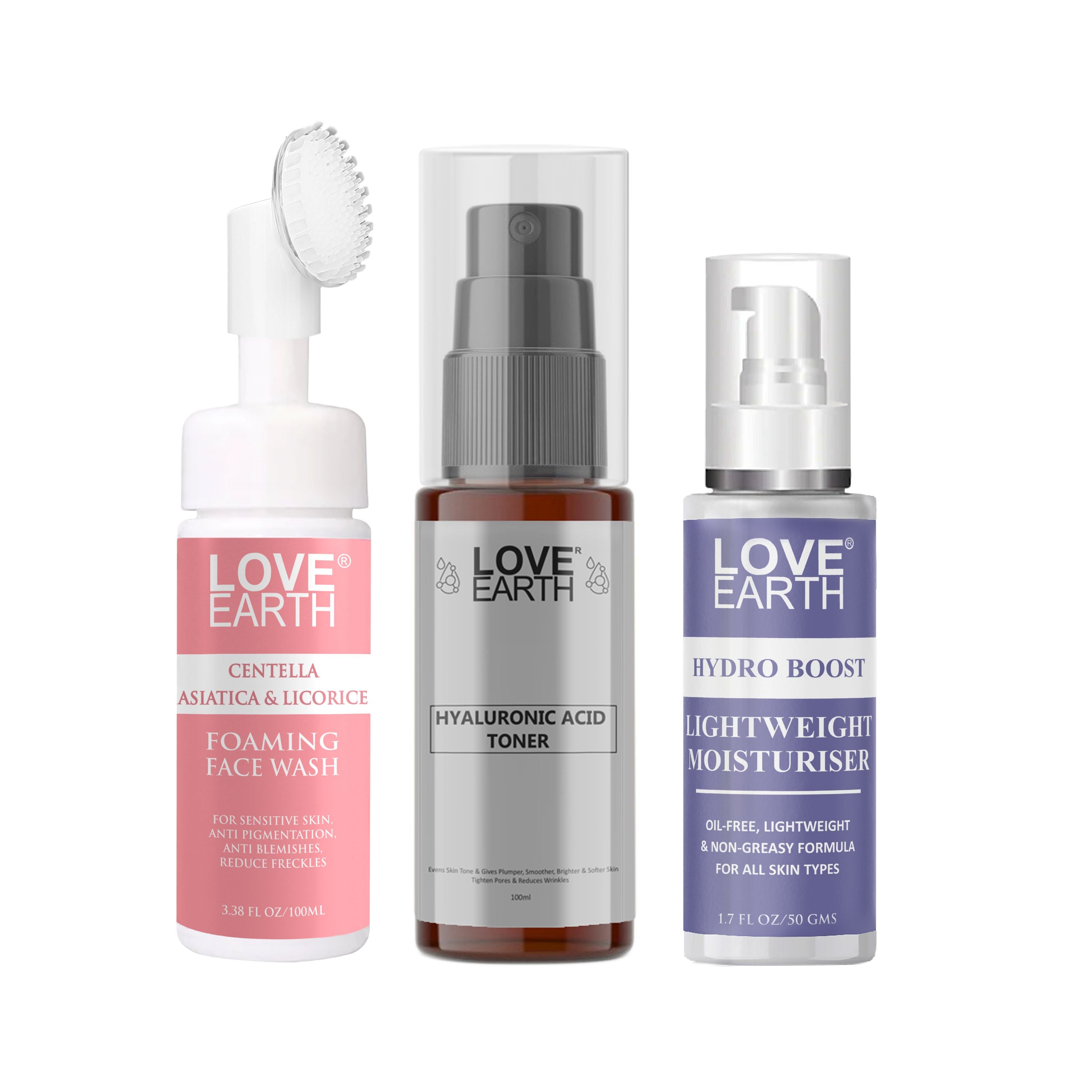 Centella Asiatica & Licorice Foaming Face Wash 100ml, Hydro  Boost Light Weight Moisturizer 50g, Hyaluronic Acid Toner 100ml