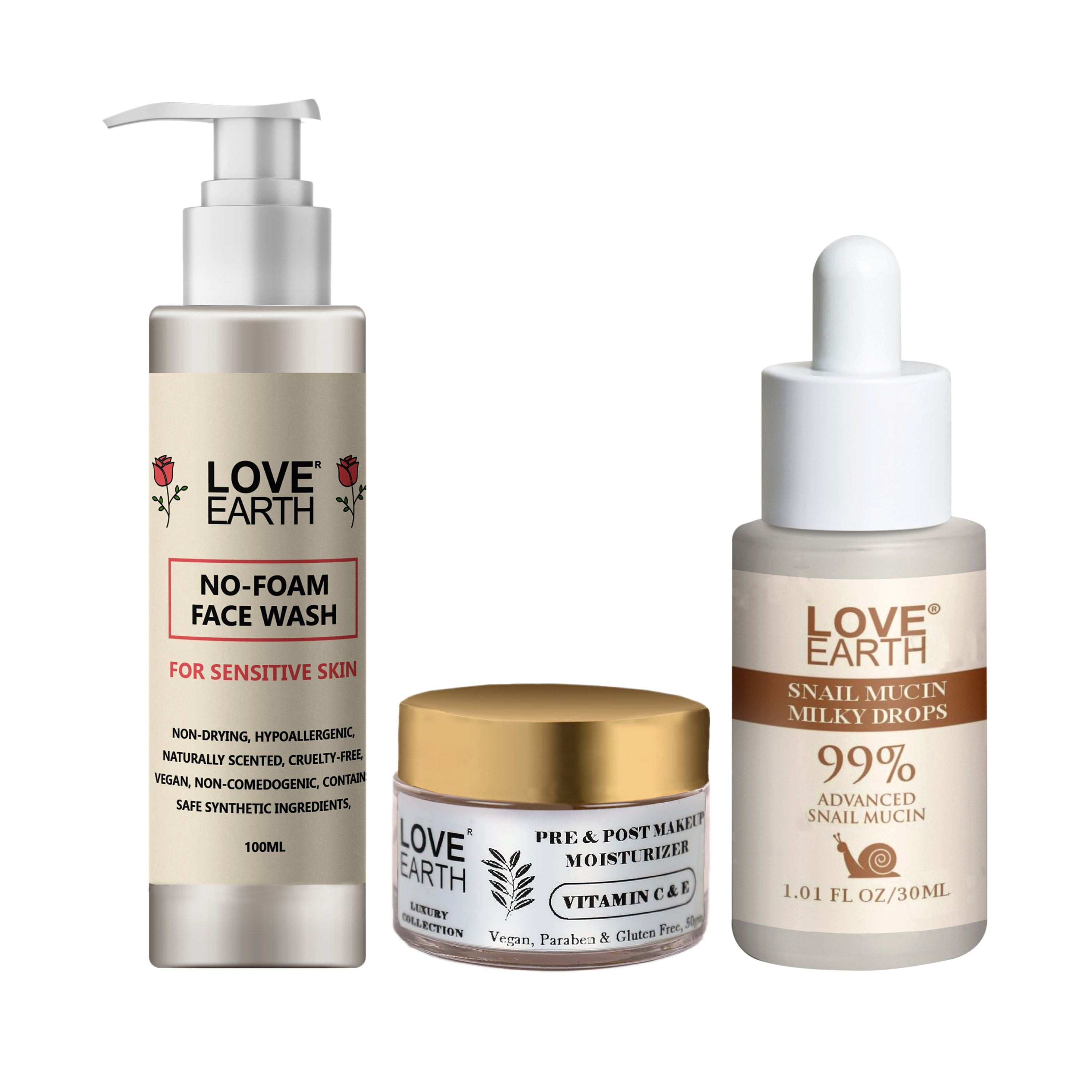 No Foam Face Wash 100ml, Pre & Post Makeup Face Moisturizer 50gm, Snail Mucin Milky Drops 30ml