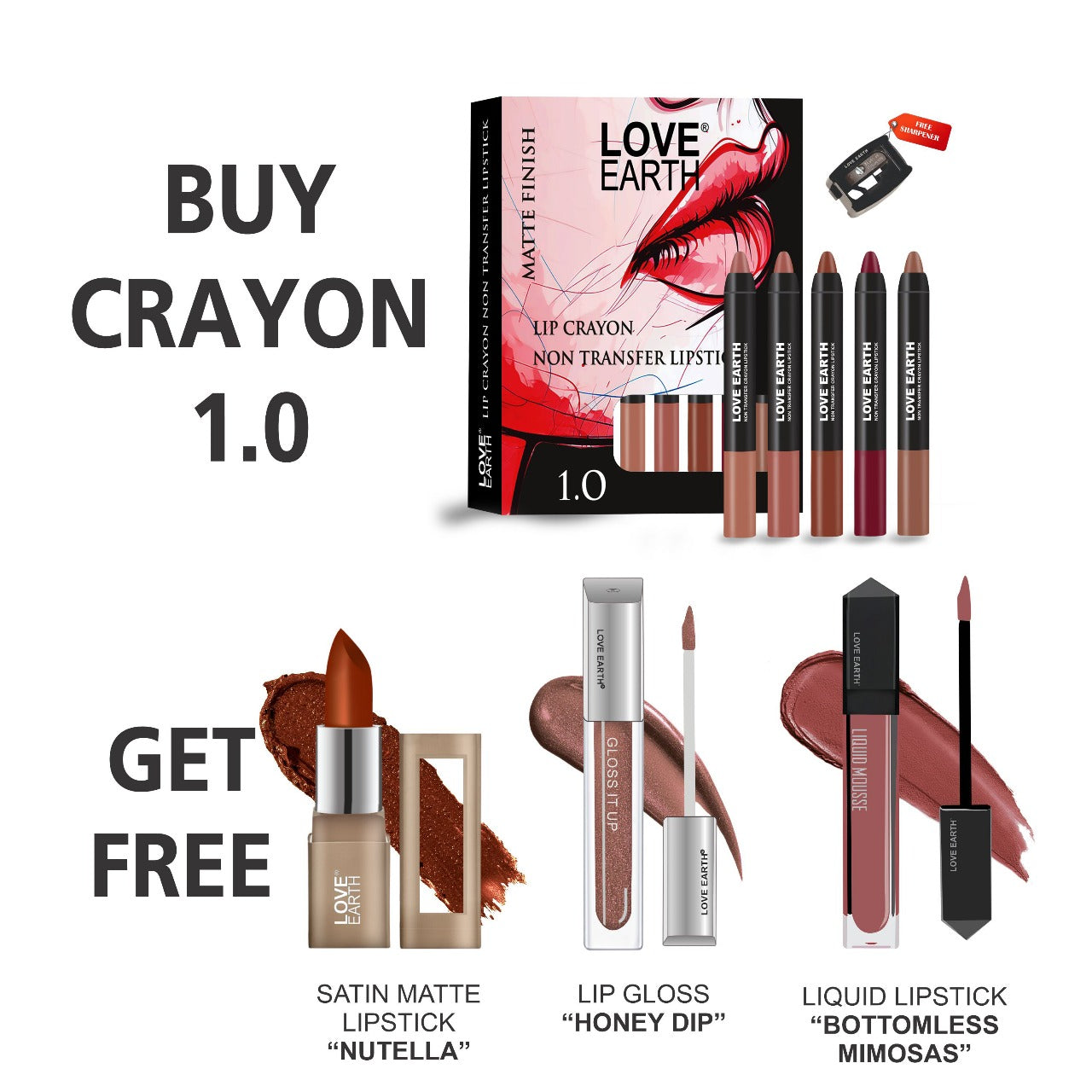 Lip Crayon 1.0 PACK OF 5, Bottomless Mimosas, Satin Matte Nutella,Gloss Honey Dip
