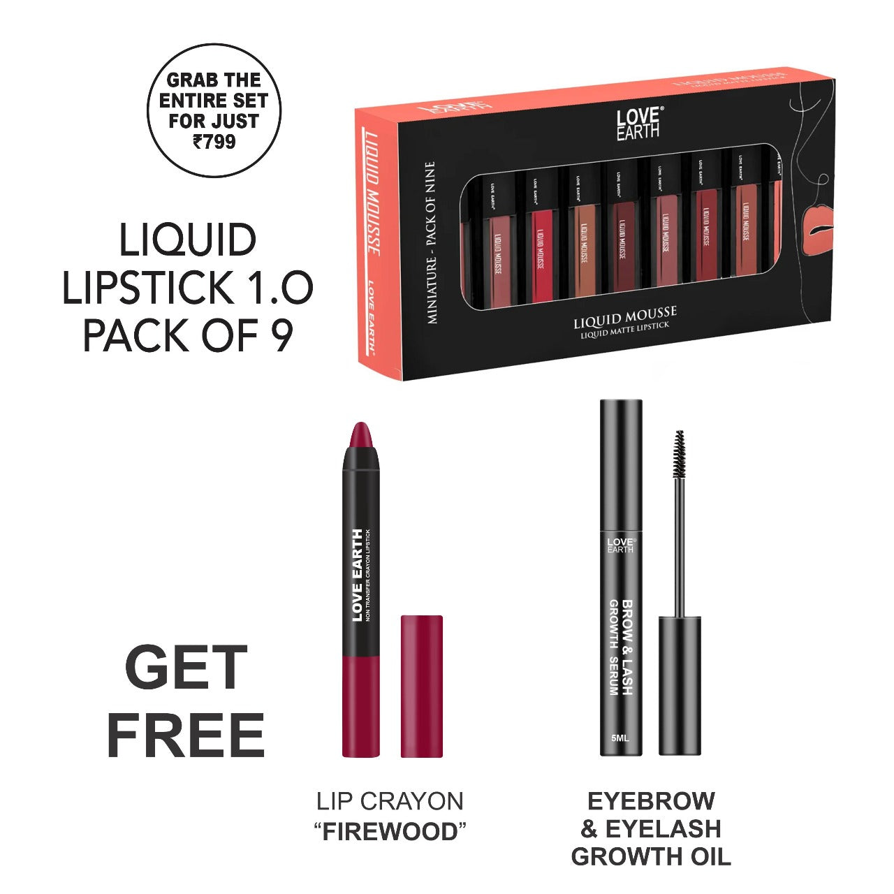 Liquid Mousse Lipstick 1.0 - Pack of 9, Lip Crayon Non-Transfer Lipstick - Firewood, Organic Eyelash Growth Serum