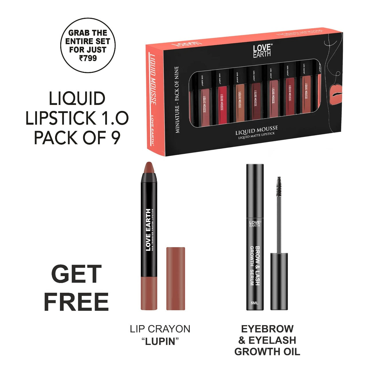 Liquid Mousse Lipstick 1.0 - Pack of 9, Lip Crayon Non-Transfer Lipstick - Lupin, Organic Eyelash Growth Serum