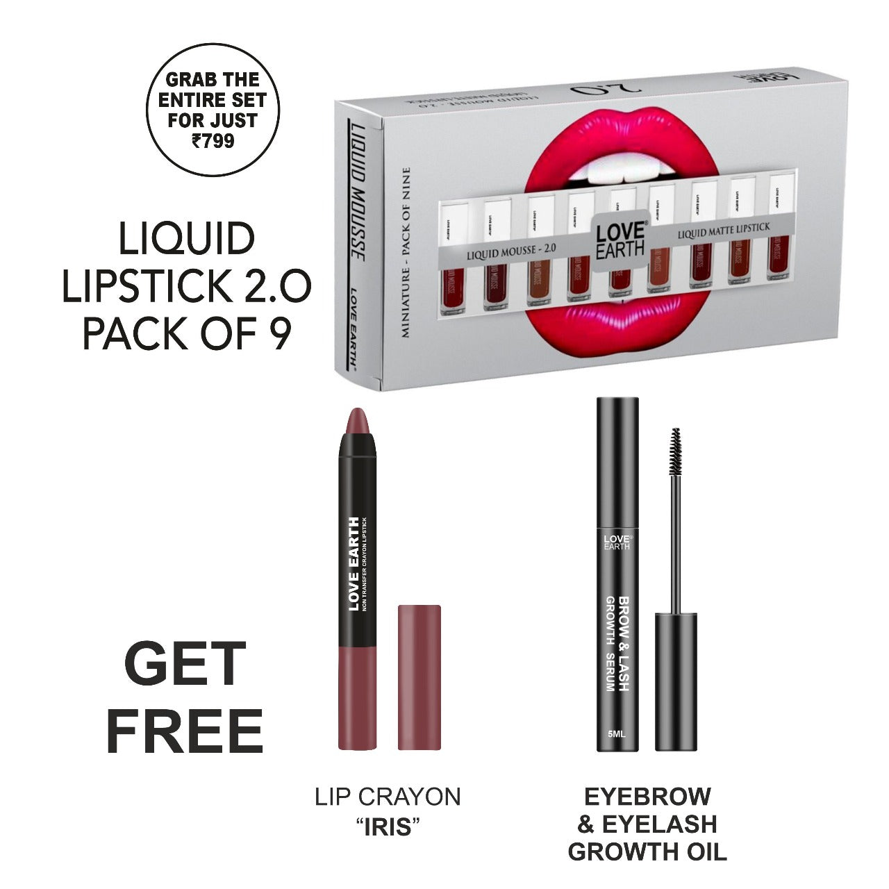 Liquid Mousse Lipstick 2.0 - Pack of 9, Lip Crayon Non-Transfer Lipstick - Iris, Organic Eyelash Growth Serum