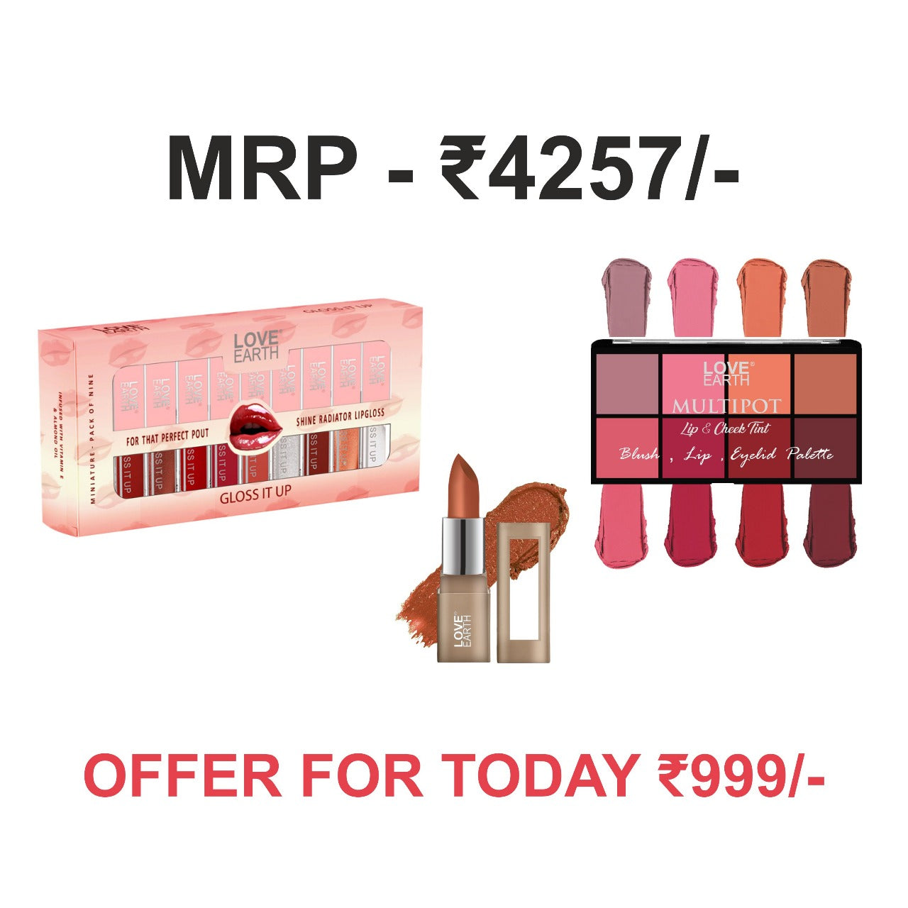 LIP GLOSS - PACK OF 9 (MULTICOLOR), Satin Matte Lipstick - Caramel  & BLUSH , LIPS , EYELID PALETTE