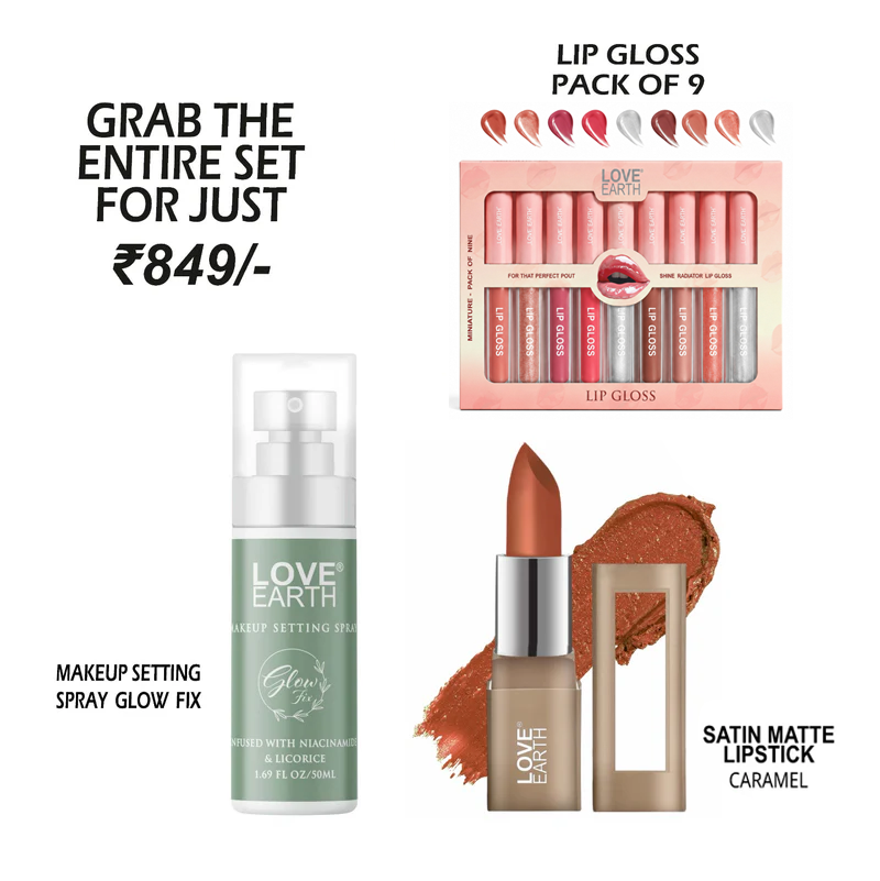 Makeup Setting Spray Glow Fix-50ML | Lip Gloss-Pack Of 9 | Satin Matte Lipstick-Caramel