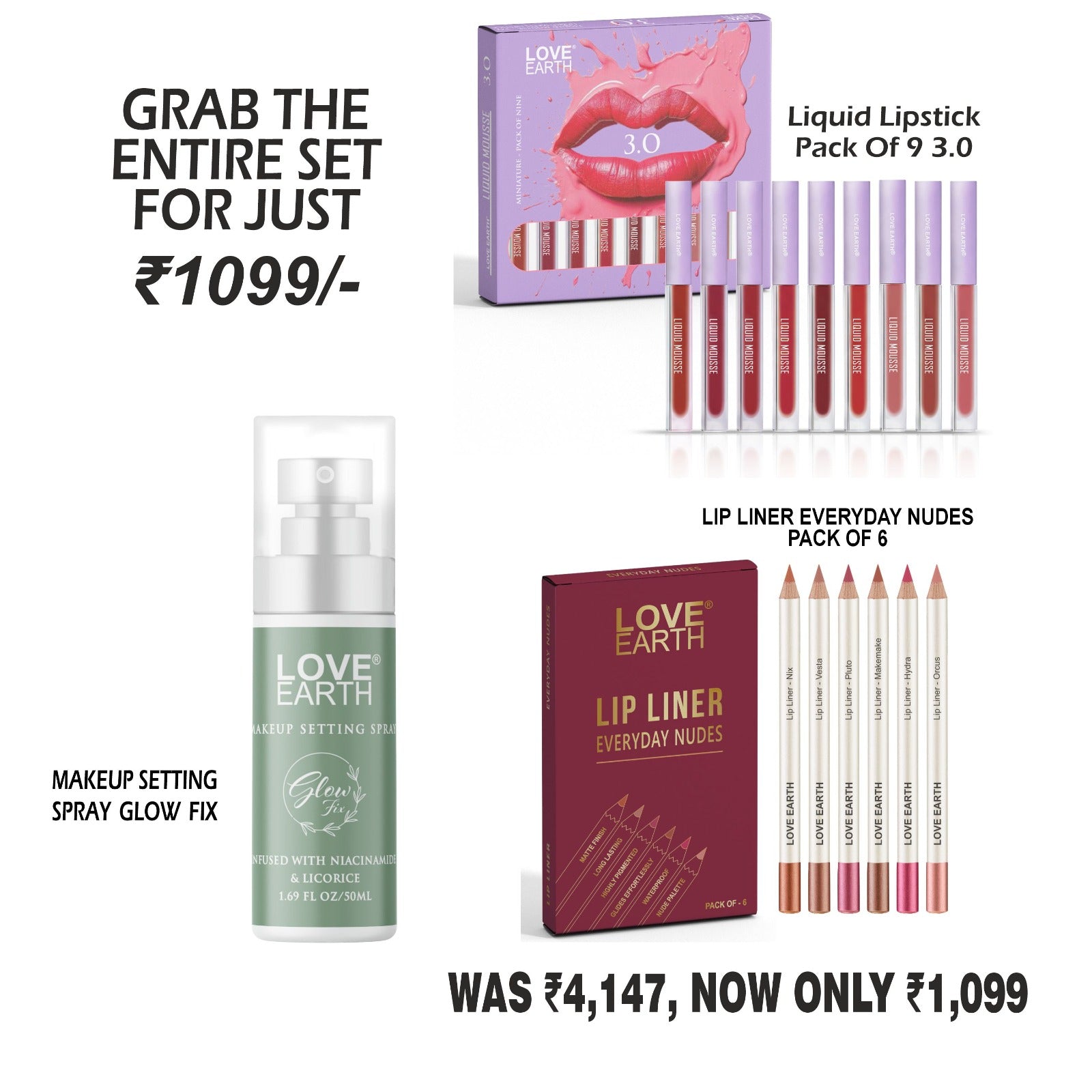 Liquid Mousse Lipstick 3.0 Pack  of 9,Everyday Nudes Lip Liner Pack of 6,Glow Fix Setting Spray