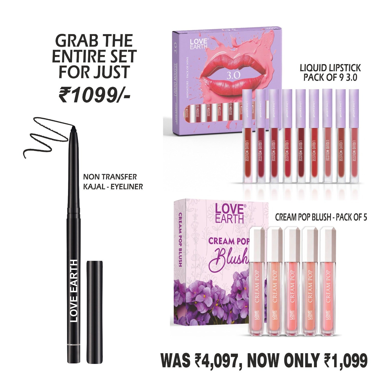 Liquid Mousse Lipstick 3.0 Pack of 9, Cream Pop Blush Pack of 5, Non-Transfer Kajal Eyeliner
