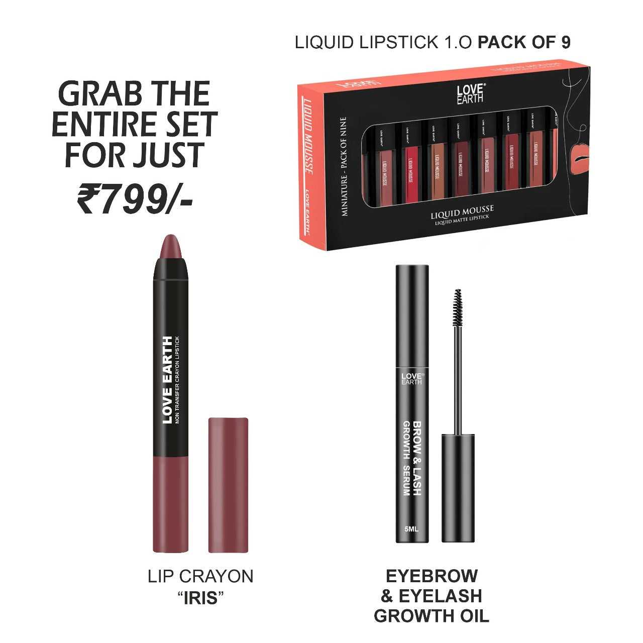 Liquid Mousse Lipstick 1.0-Pack of 9, Lip Crayon Non-Transfer Lipstick-Iris, Organic Eyelash Growth Serum