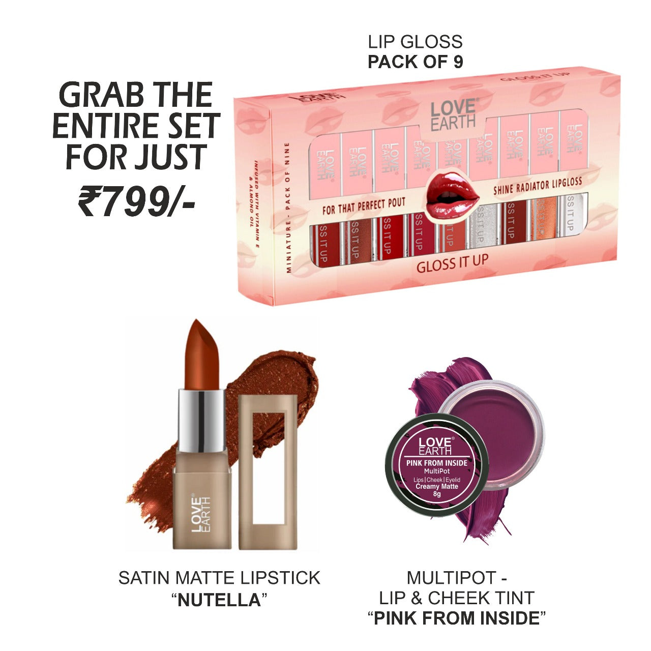 Lip Gloss-Pack of 9, Satin Matte Lipstick-Nutella, Pink From Inside Multipot