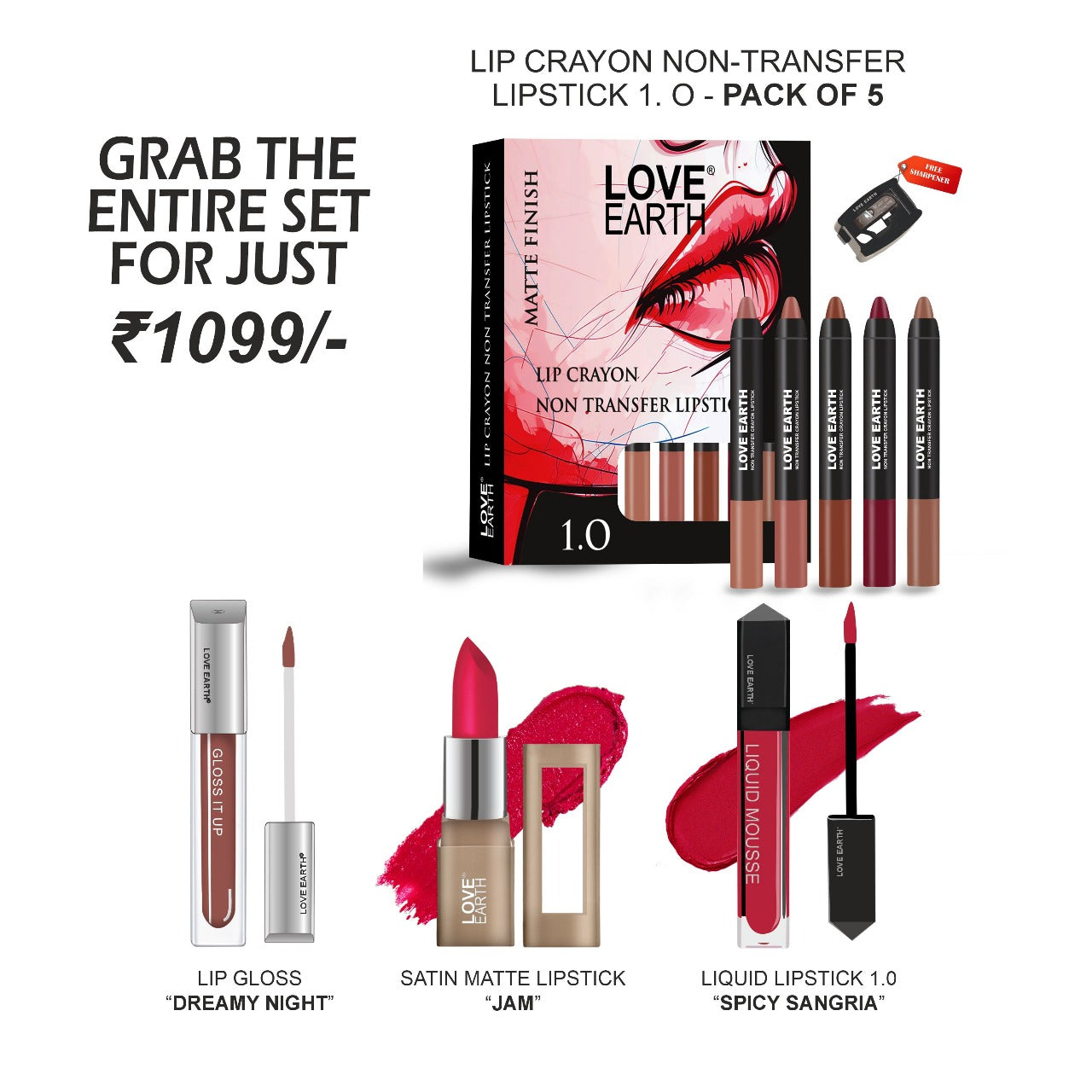 Lip Crayon 1.0 PACK OF 5, Spicy Sangria,Satin Matte Jam,Gloss Dreamy Night