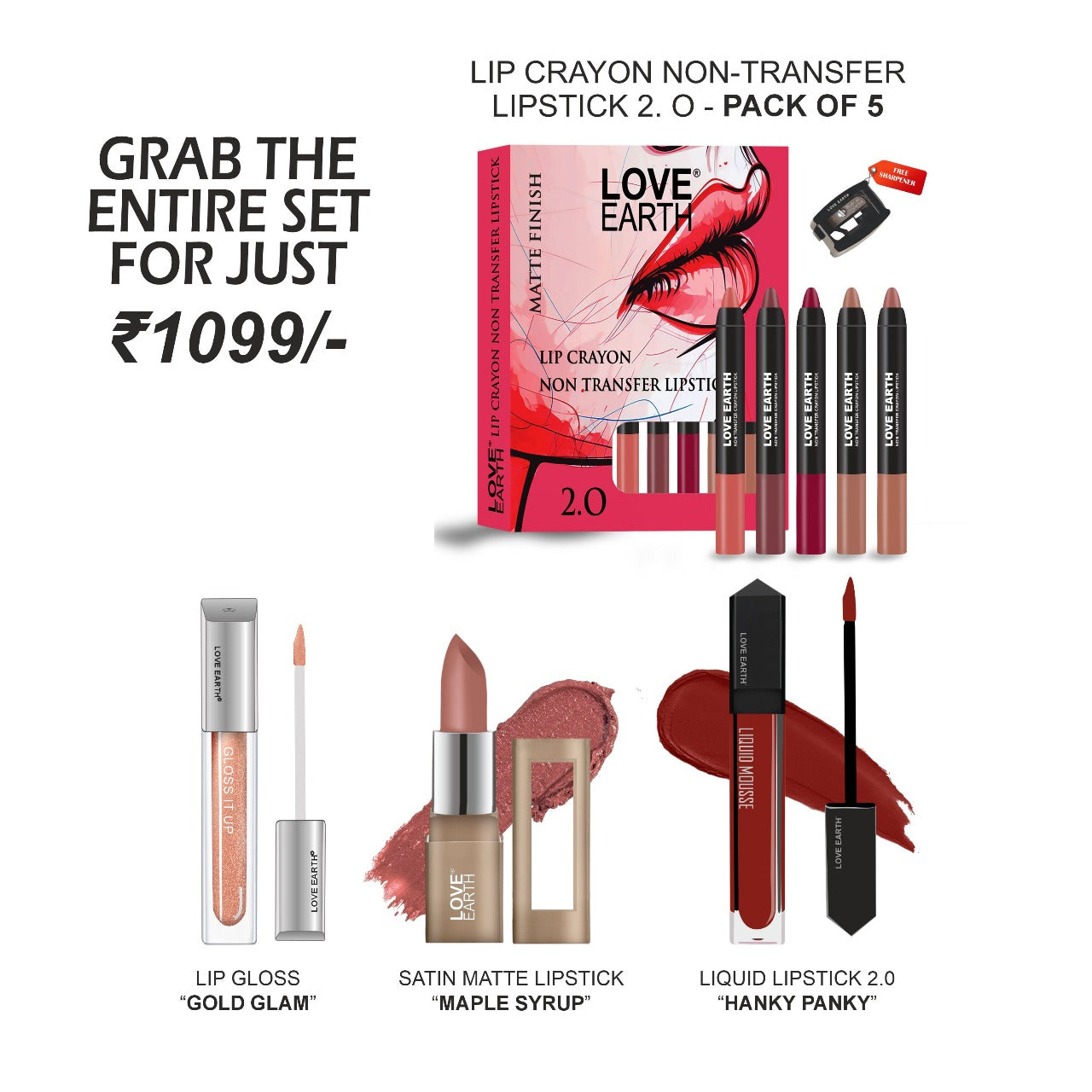 Lip Crayon 2.0 Pack of 5,Hanky Panky, Satin Matte Maple Syrup, Gold Glam
