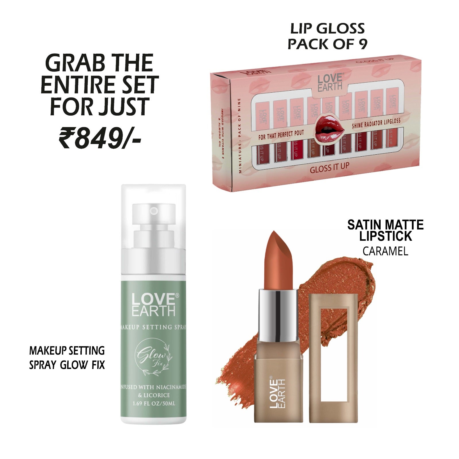 Makeup Setting Spray Glow Fix-50ML | Lip Gloss-Pack Of 9 | Satin Matte Lipstick-Caramel