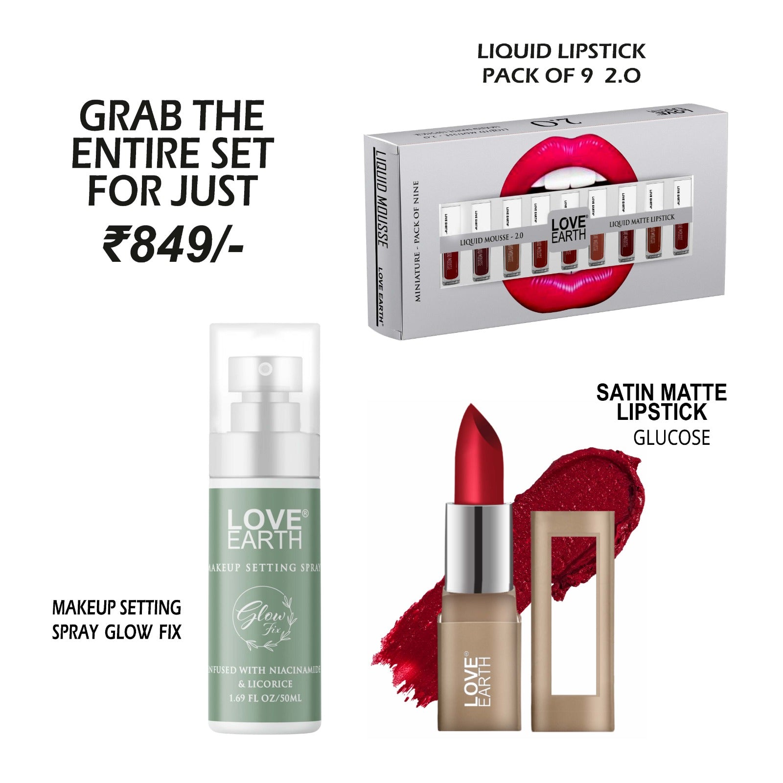 Makeup Setting Spray Glow Fix-50ML | Liquid Mousse Lipstick 2.O-Pack Of 9 | Satin Matte Lipstick-Glucose