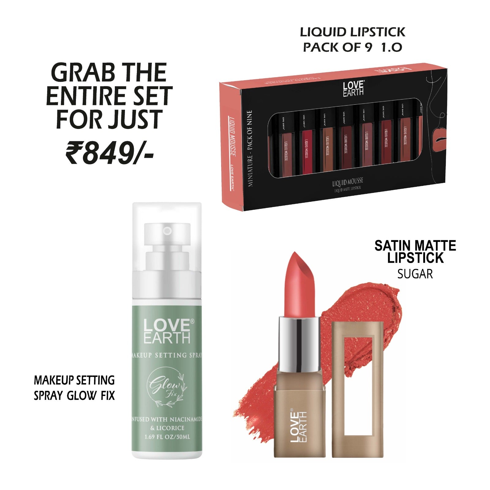 Makeup Setting Spray Glow Fix-50ML | Liquid Mousse Lipstick-Pack Of 9 | Satin Matte Lipstick-Sugar