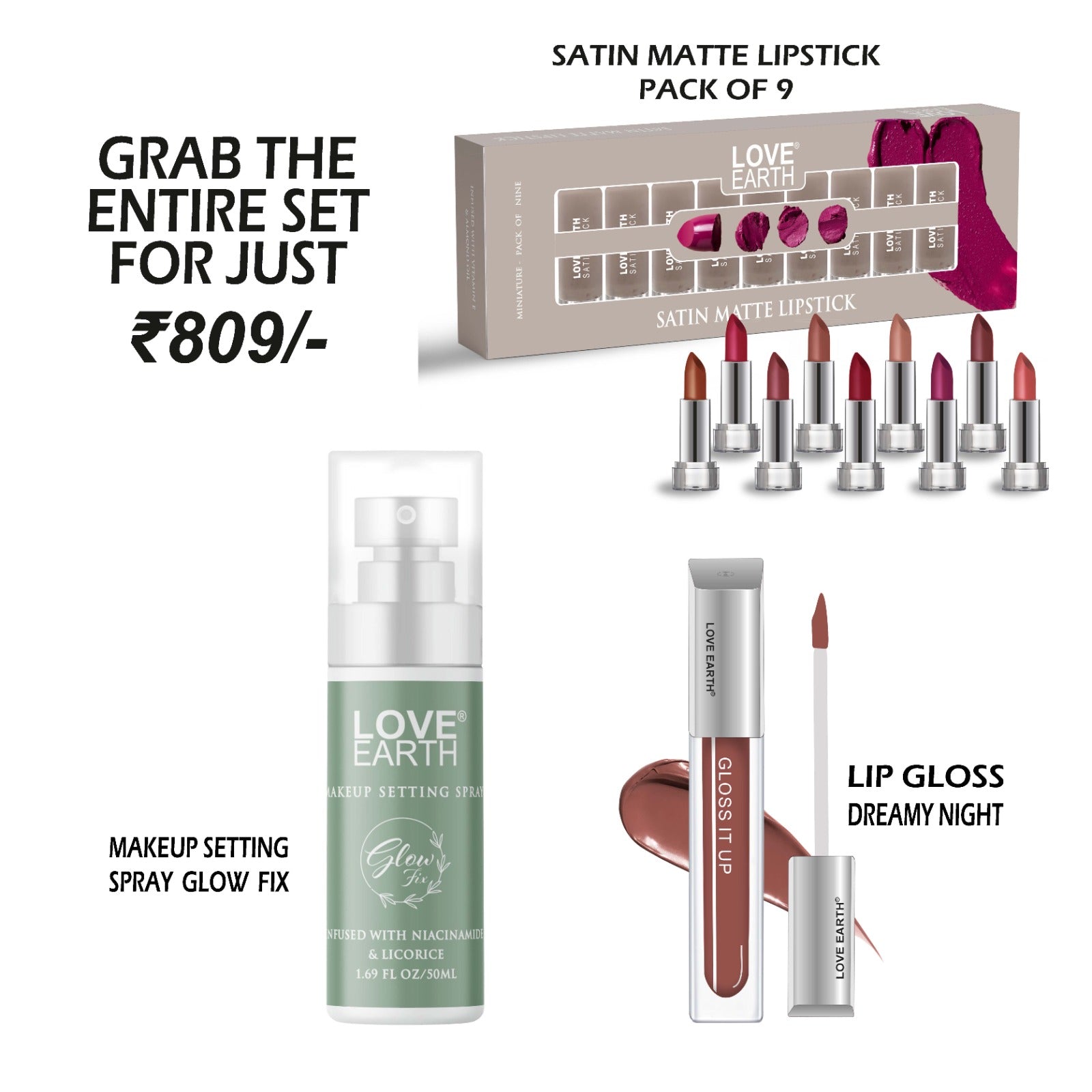 Makeup Setting Spray Glow Fix-50ML | Satin Matte Lipstick-Pack Of 9 | Lip Gloss-Dreamy Night