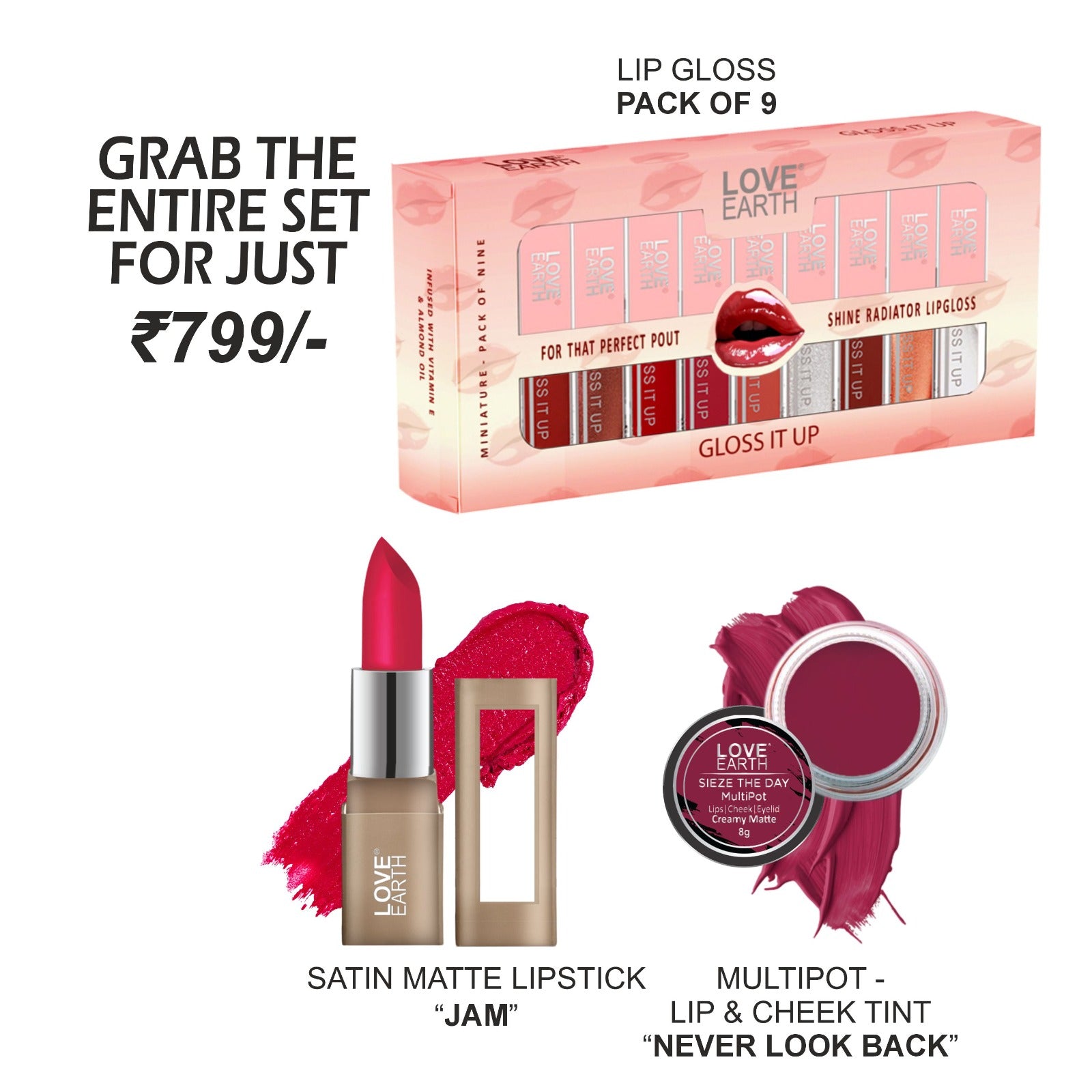 Lip Gloss - Pack of 9, Satin Matte Lipstick - Jam, Never-look-Back-multipot