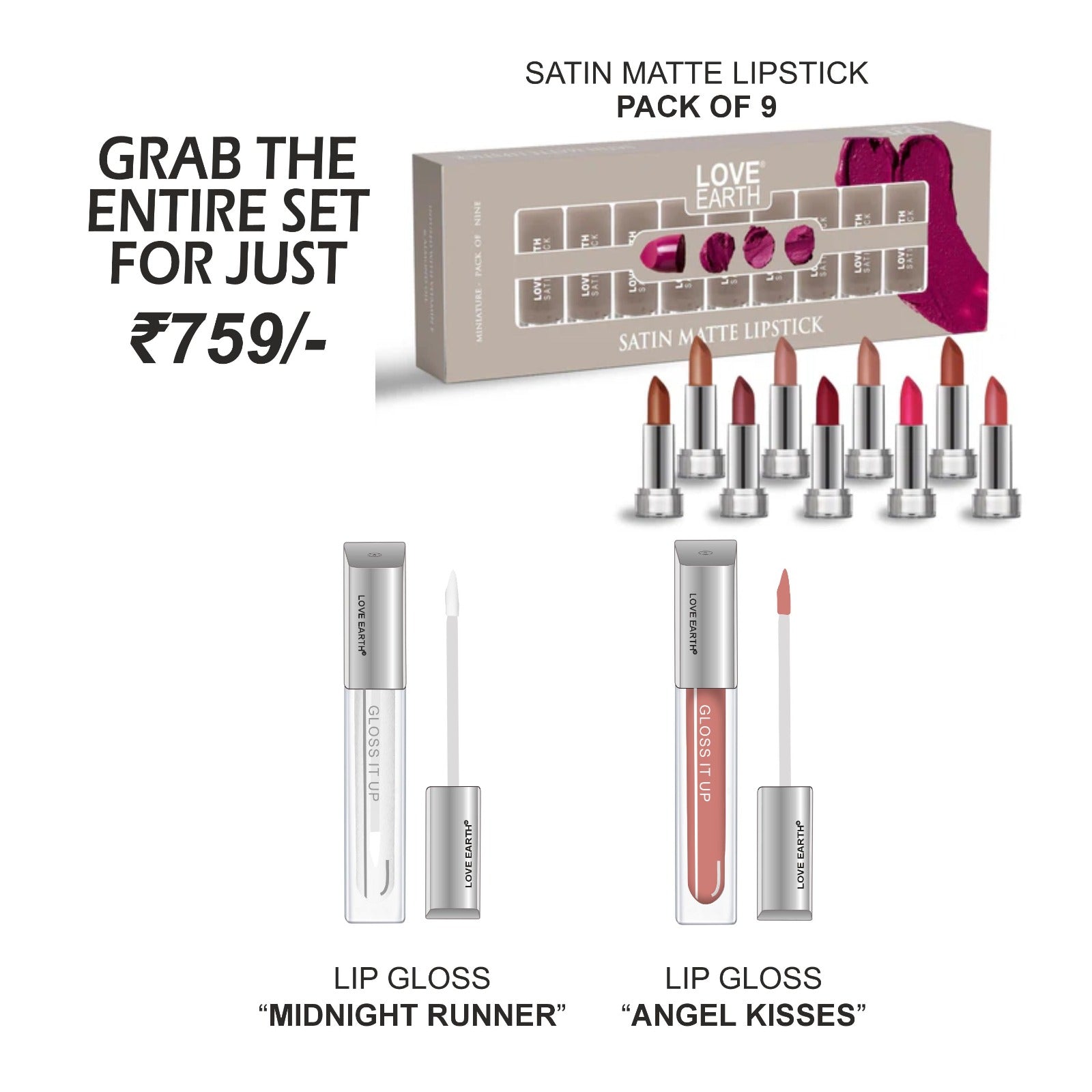 Satin Matte Lipstick - Pack Of 9, Lip Gloss - Angel Kisses, Midnight-runner